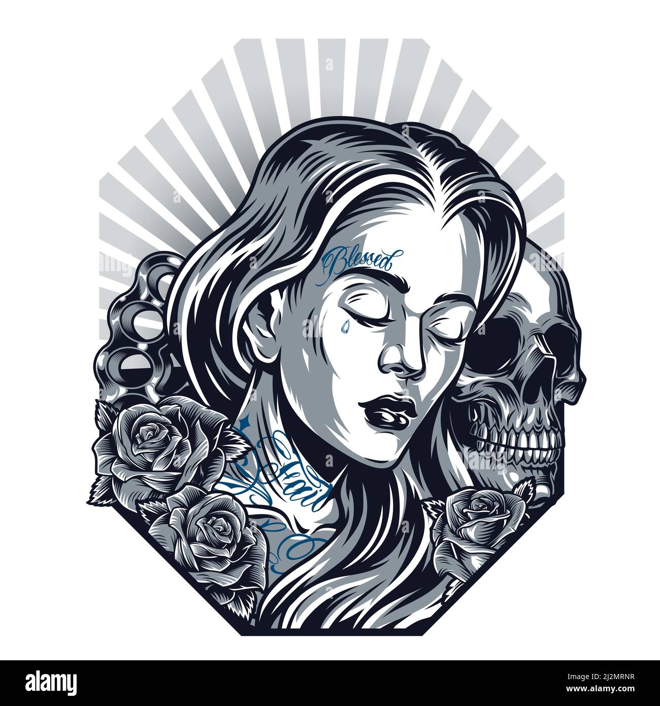 Chicano tatouage vintage modèle avec triste belle fille crâne roses et des porte-fusées en laiton sur une illustration vectorielle isolée à arrière-plan radial Illustration de Vecteur