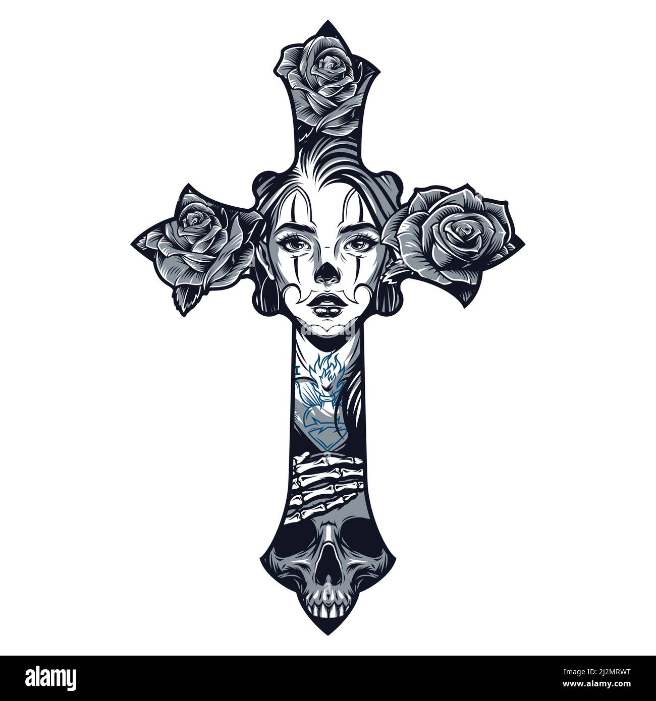 Modèle de tatouage de style Chicano en forme de croix avec jolie fille visage roses et squelette main couché sur le crâne dans vintage illustrateur de vecteur isolé de style Illustration de Vecteur