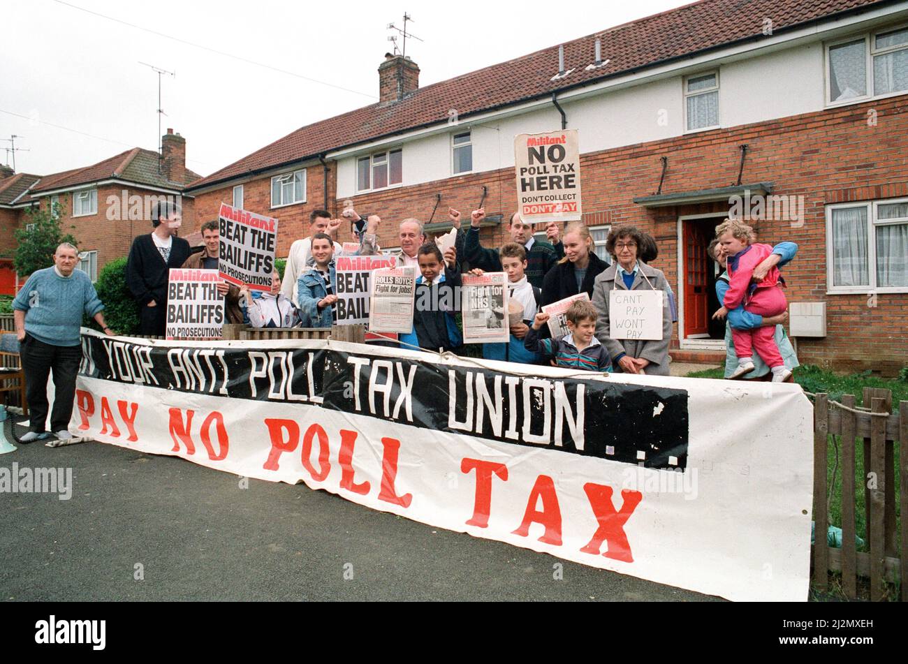 Ne payez pas de protestation fiscale dans Dawlish Road, Whitley, Reading, Berkshire. 20th mai 1991. Banque D'Images