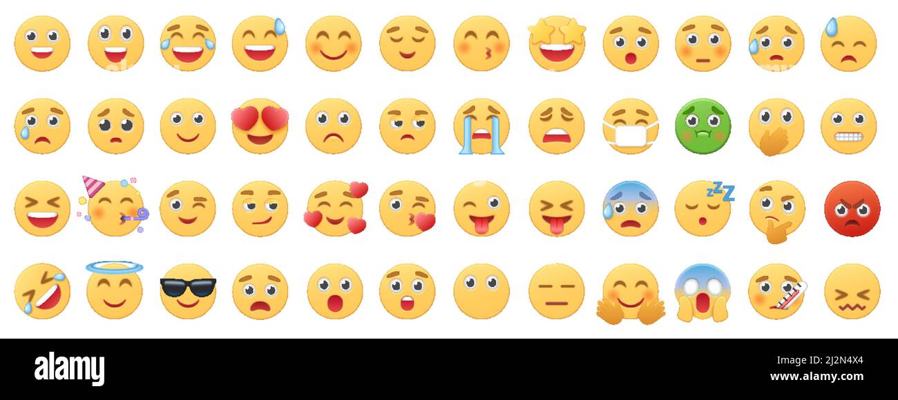 Les icônes emoji définissent l'illustration vectorielle. Collection de dessins animés de visages jaunes amusants émoticônes avec des expressions différentes, bande dessinée smiley clipart pour les messages de chat en ligne, médias sociaux isolés sur blanc Illustration de Vecteur