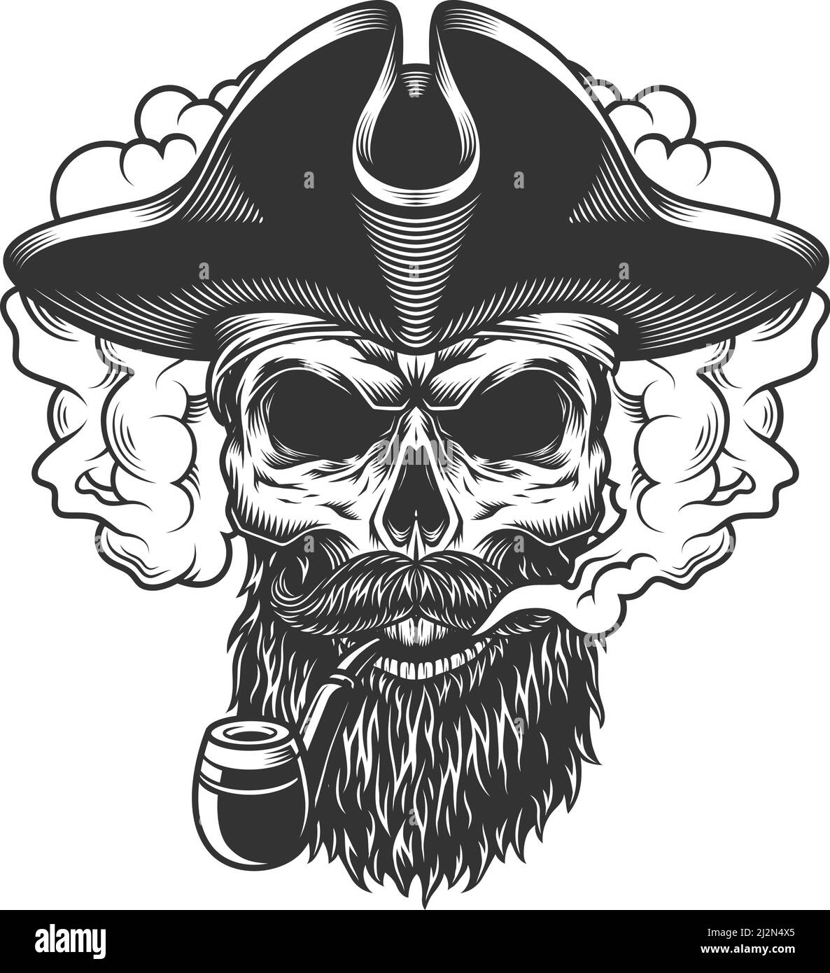 Crâne dans nuage de fumée et chapeau de pirate. Illustration vectorielle Illustration de Vecteur
