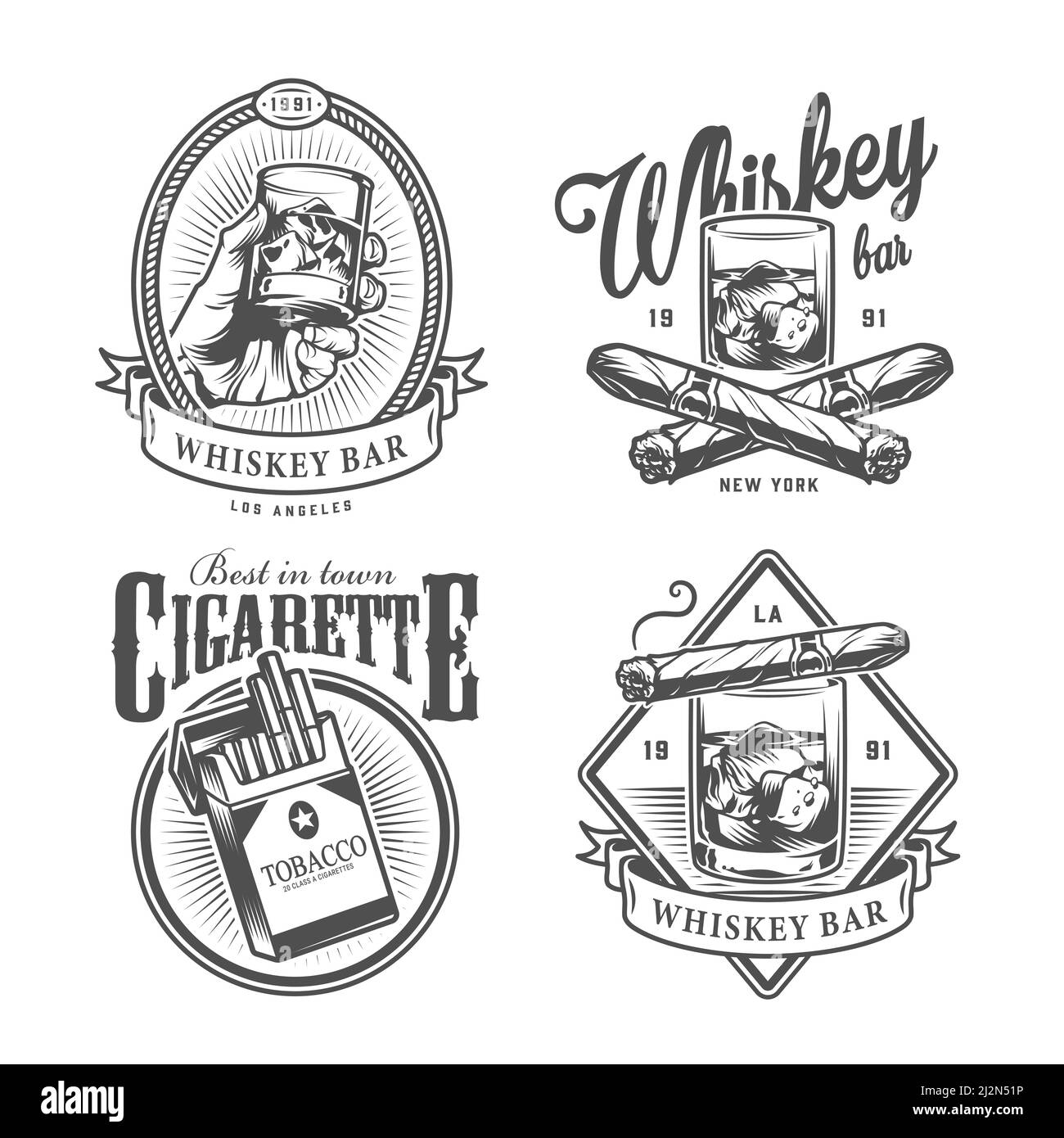 Étiquettes de club de gentleman monochromes vintage avec verre de main whisky croisé cigares cubains paquet de cigarettes illustration vectorielle isolée Illustration de Vecteur