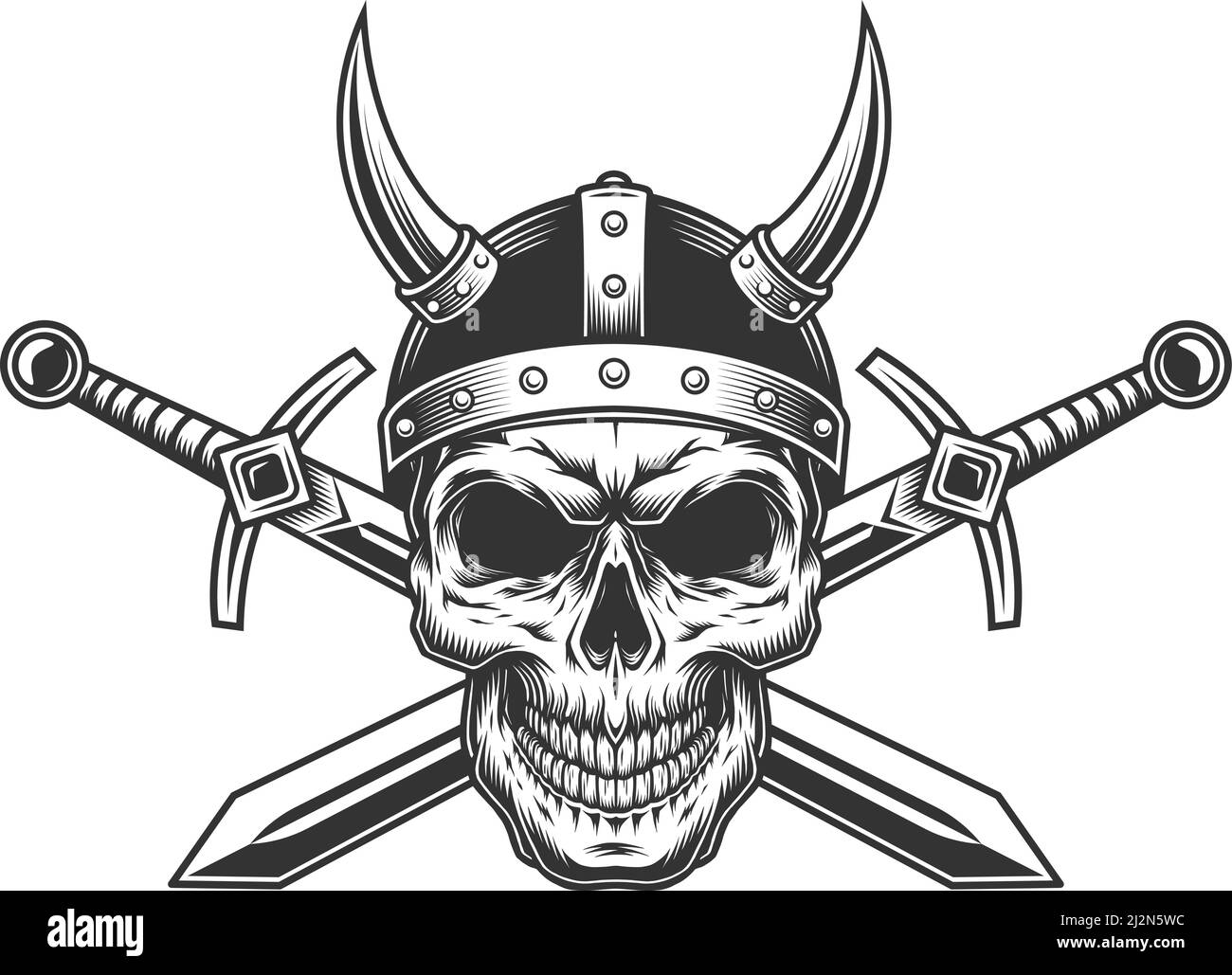 Crâne viking monochrome vintage en casque métallique à cornes et croisé illustration vectorielle isolée swords Illustration de Vecteur