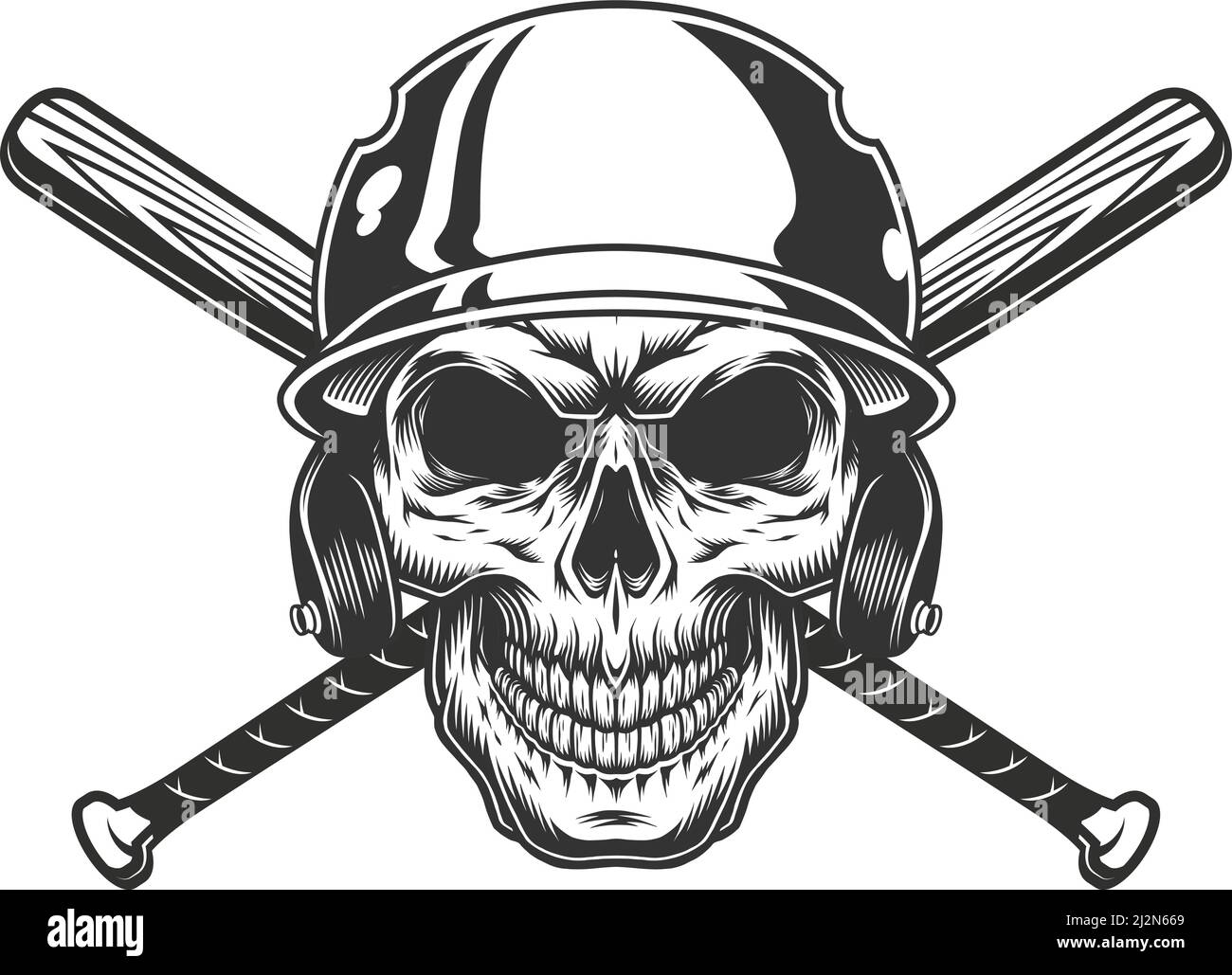 Crâne monochrome vintage dans un casque de base-ball avec battes croisées isolées illustration vectorielle Illustration de Vecteur