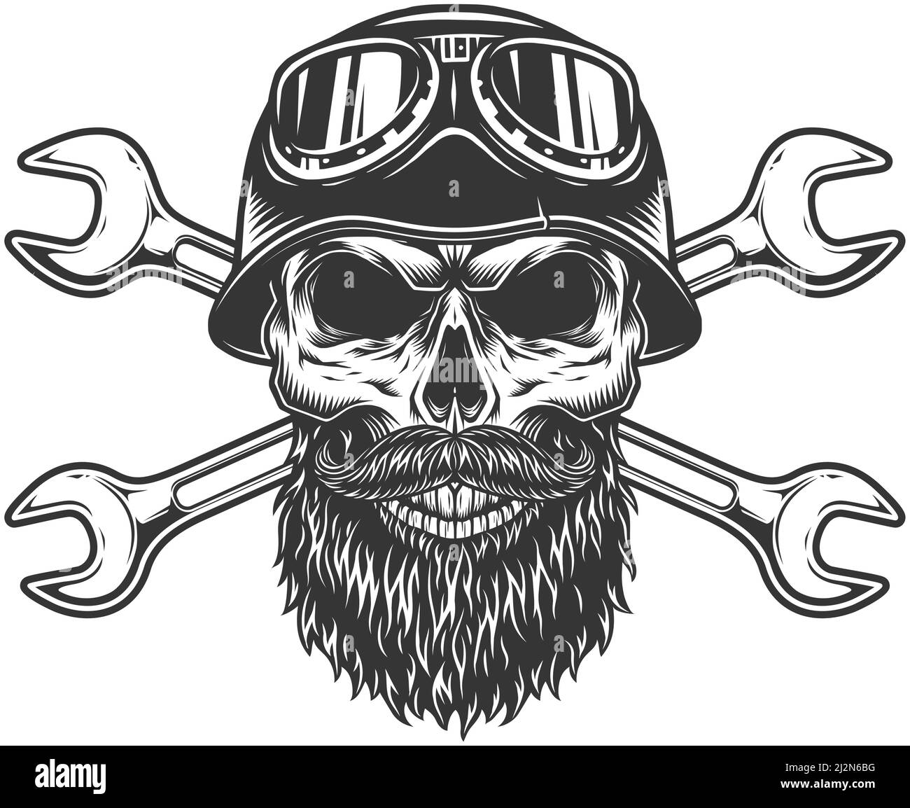 Crâne de motard vintage barbu et moustiché dans des lunettes de casque moto et clés croisées dans une illustration vectorielle isolée de style monochrome Illustration de Vecteur