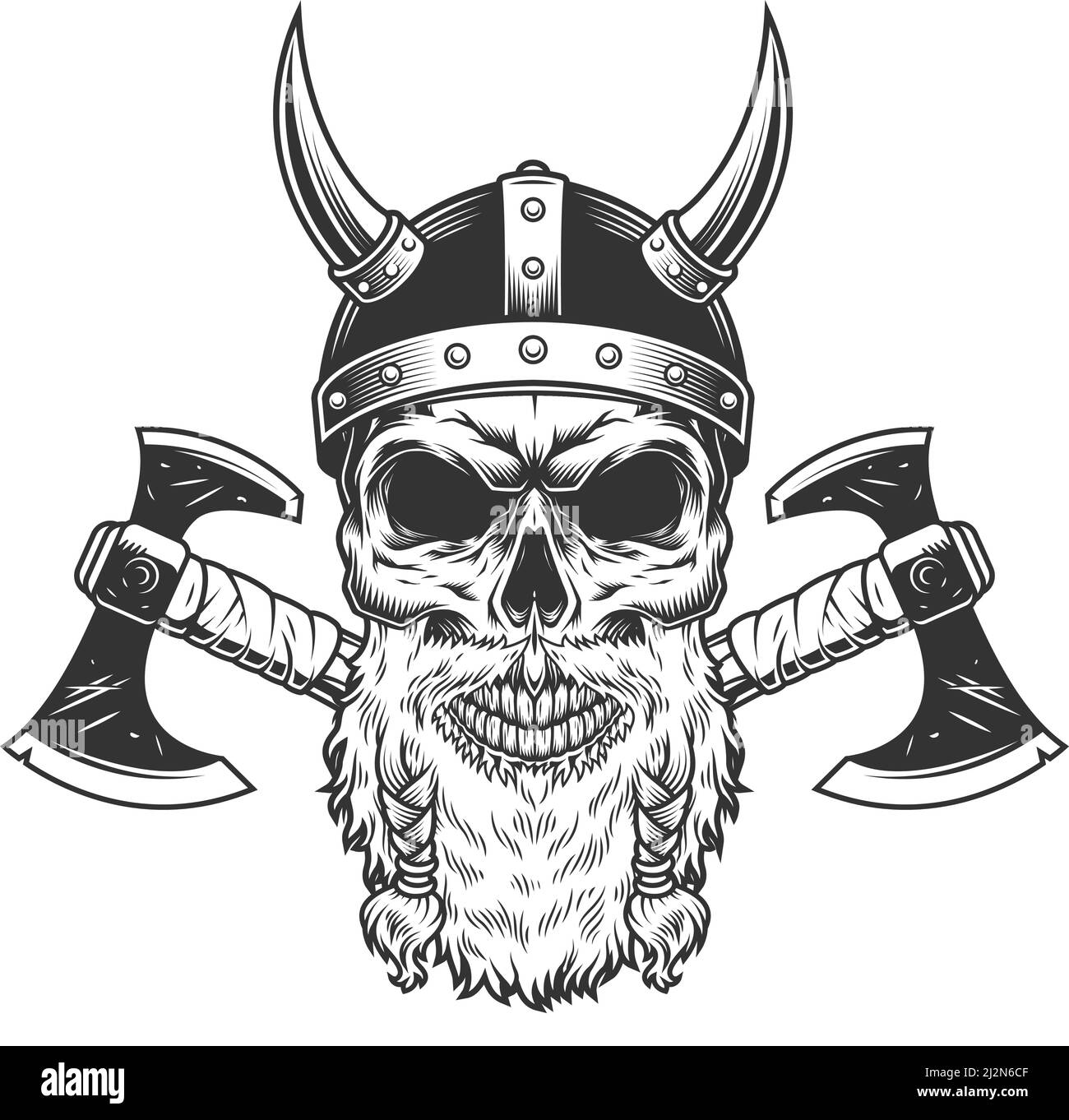 Crâne viking scandinave en casque à cornes avec axes croisés dans illustration vectorielle isolée de style monochrome vintage Illustration de Vecteur