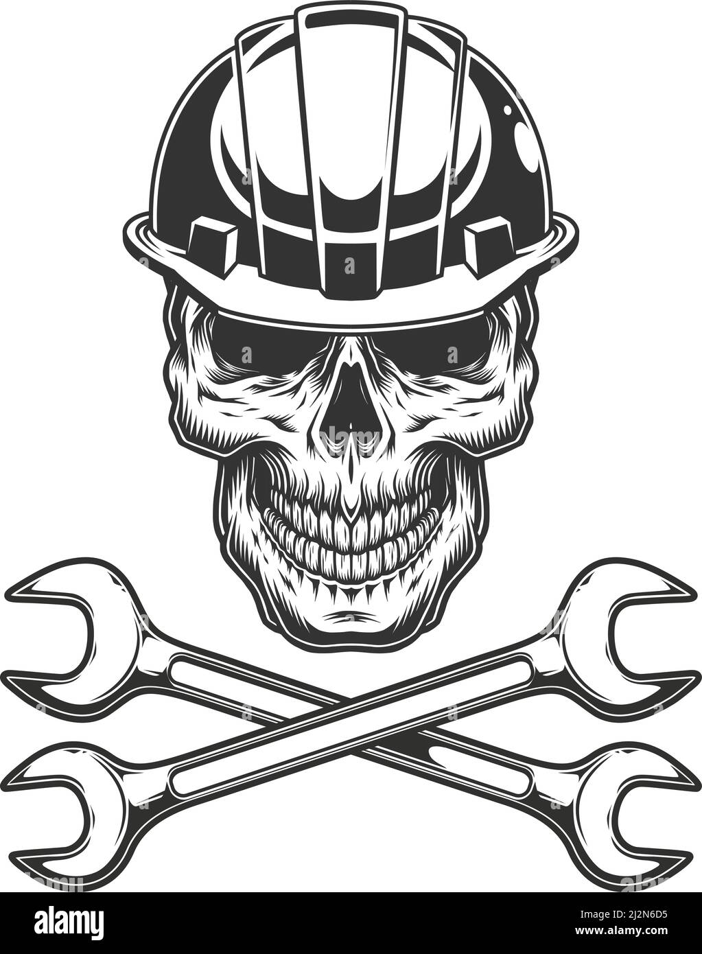 Crâne monochrome vintage en casque de construction avec clés croisées isolées illustration vectorielle Illustration de Vecteur