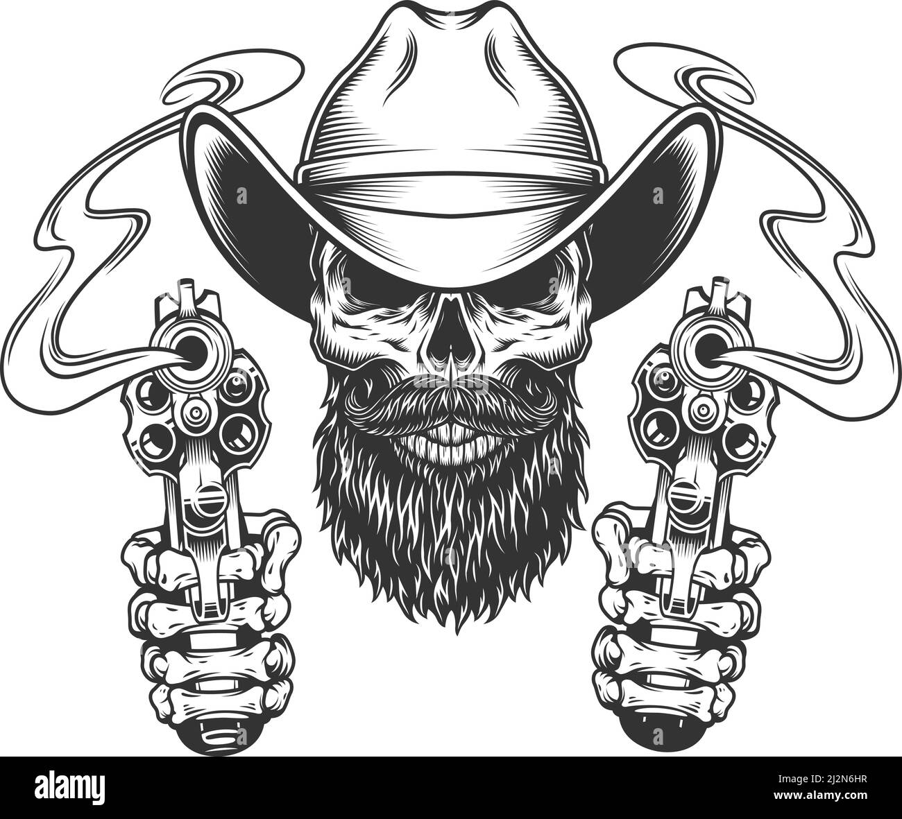 Crâne de cow-boy vintage barbu et moustaché avec mains de squelette tenant illustration vectorielle isolée par pistolets Illustration de Vecteur