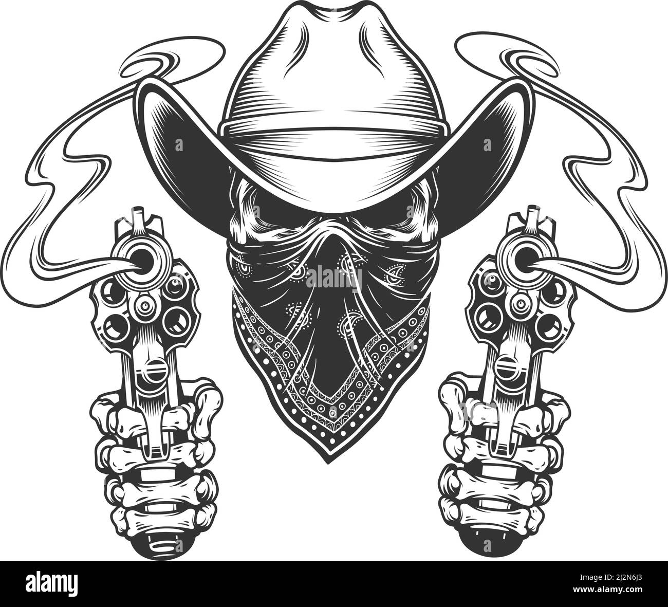 Crâne de cow-boy avec foulard sur le visage et mains de squelette tenant pistolets de style vintage, illustration vectorielle isolée Illustration de Vecteur