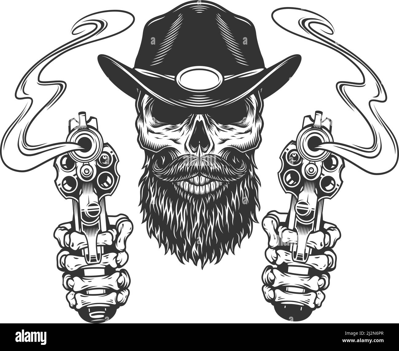 Crâne de shérif vintage barbu et moustaché avec mains de squelette illustration vectorielle isolée par pistolets Illustration de Vecteur