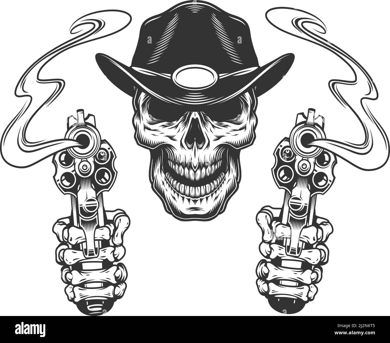 Crâne de shérif monochrome vintage avec mains de squelette tenant les revolvers isolés illustration vectorielle Illustration de Vecteur