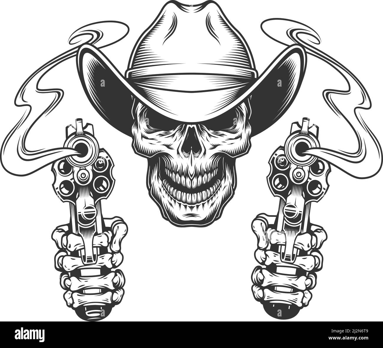 Crâne monochrome vintage en chapeau de cowboy et mains de squelette illustration vectorielle isolée par pistolets Illustration de Vecteur