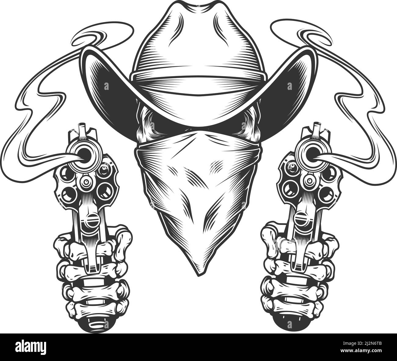 Crâne en chapeau de cow-boy et foulard avec mains squelette tenant pistolets de style vintage, illustration vectorielle isolée Illustration de Vecteur