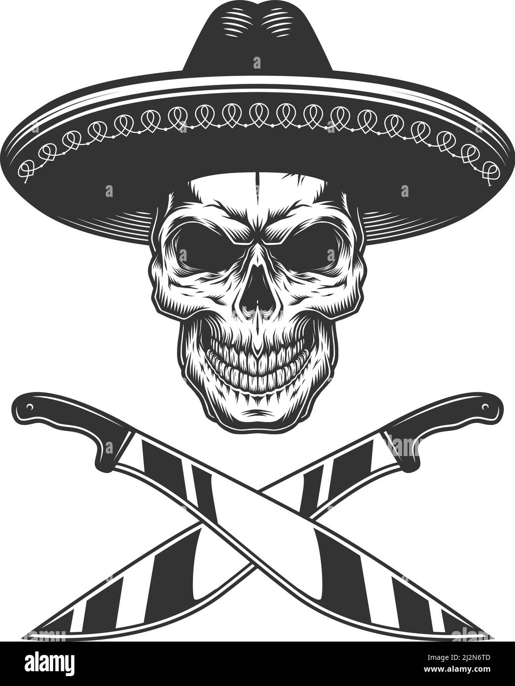 Crâne mexicain monochrome vintage dans le sombrero avec des couteaux croisés isolés illustration vectorielle Illustration de Vecteur