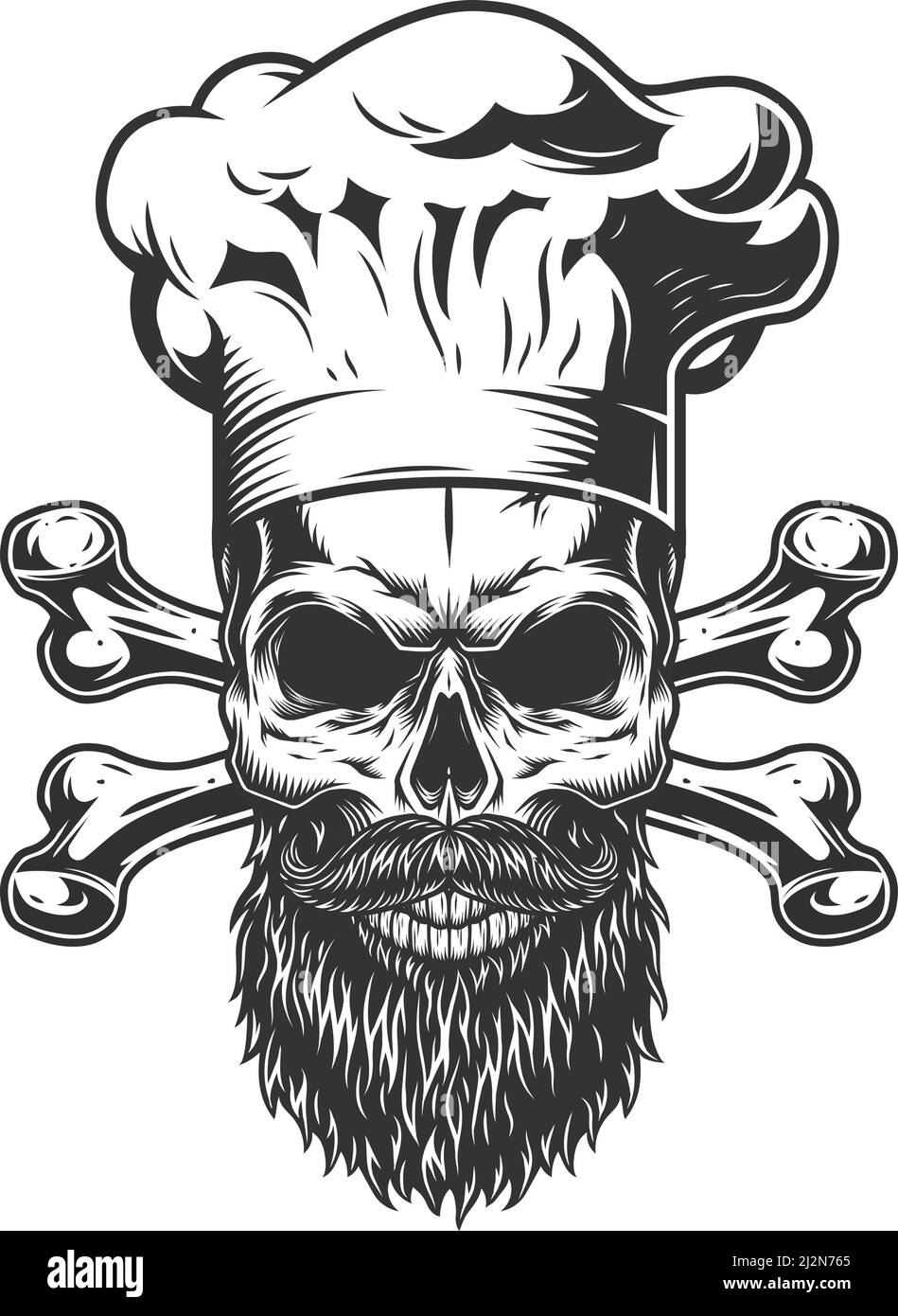Crâne de chef barbu et moustaché avec crossos en monochrome vintage illustration vectorielle isolée de style Illustration de Vecteur