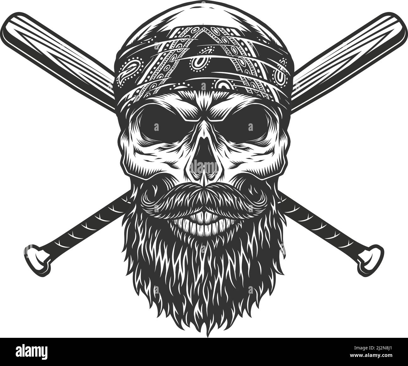 Crâne bandit vintage barbu et moustaché avec battes de baseball croisées illustration vectorielle isolée Illustration de Vecteur
