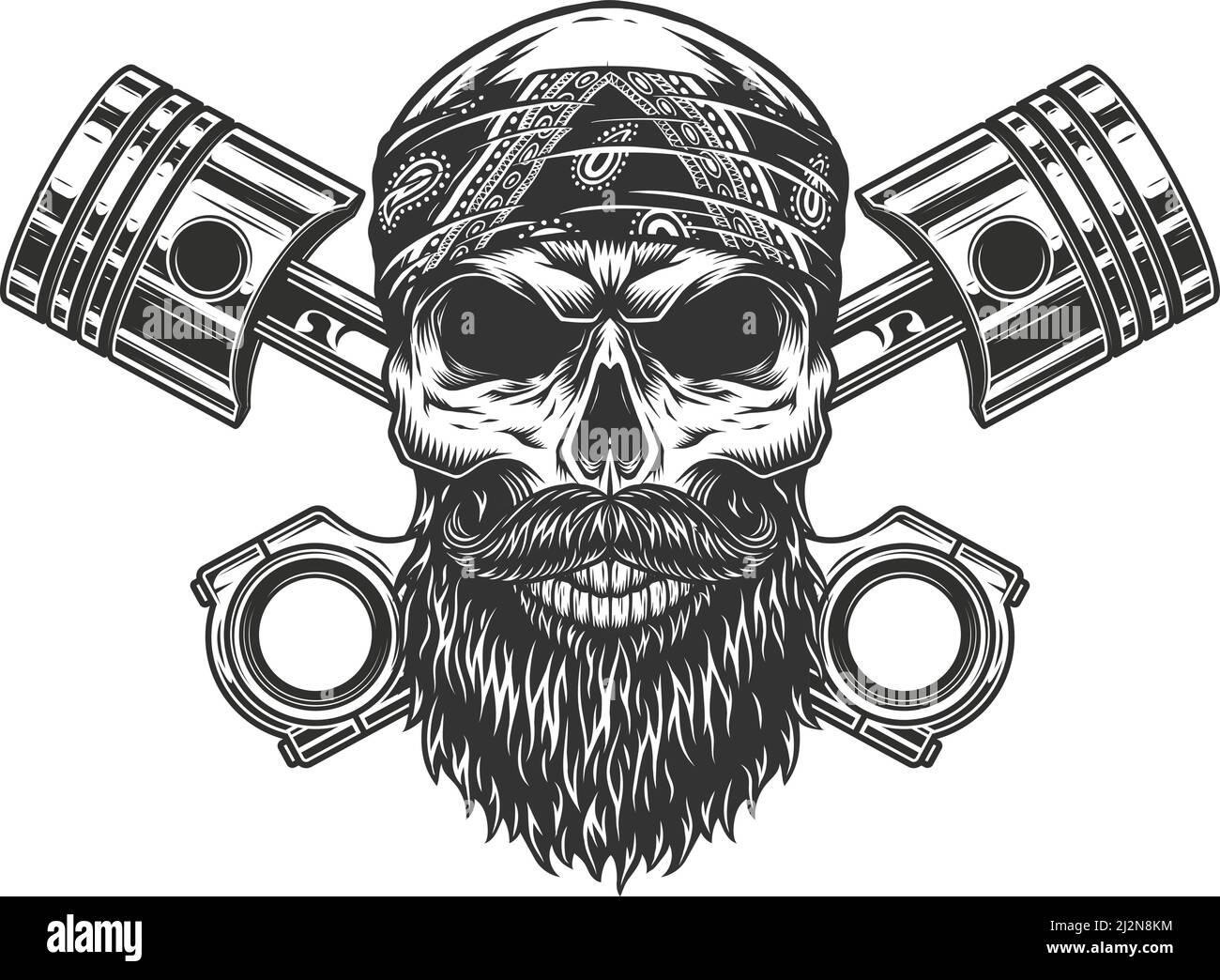 Crâne de motard barbu et moustaché en bandana avec moteur croisé pistons en illustration vectorielle isolée de style monochrome vintage Illustration de Vecteur