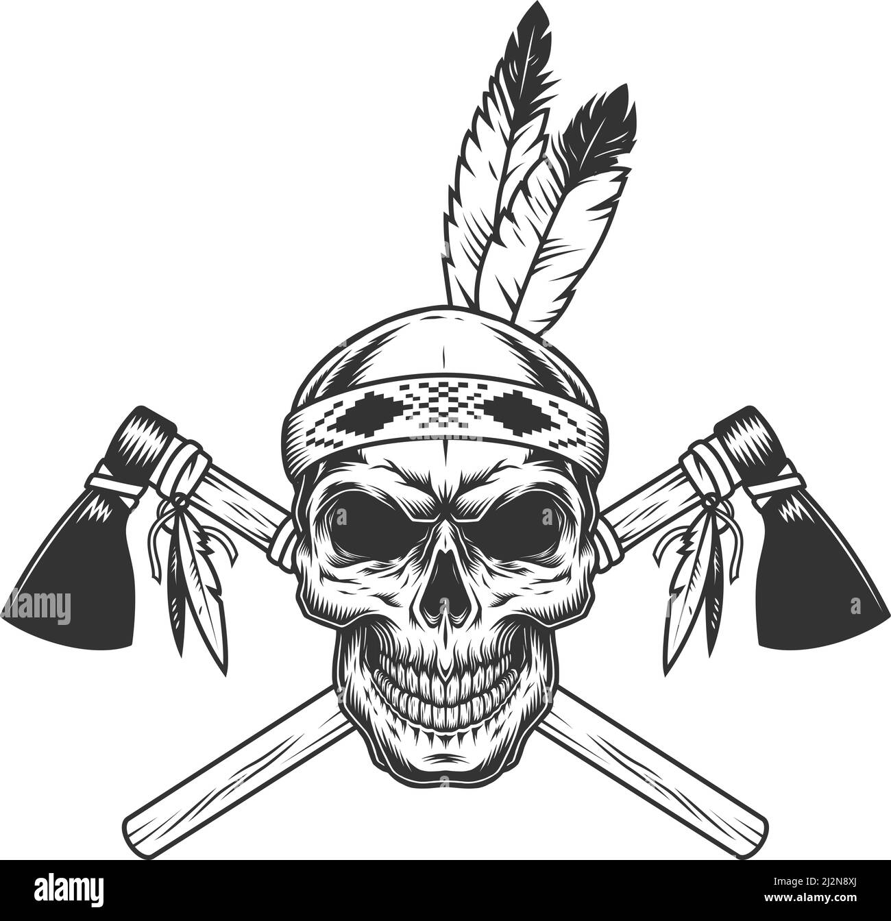 Crâne de guerrier indien monochrome vintage avec plumes et tomahawks croisés illustration vectorielle isolée Illustration de Vecteur