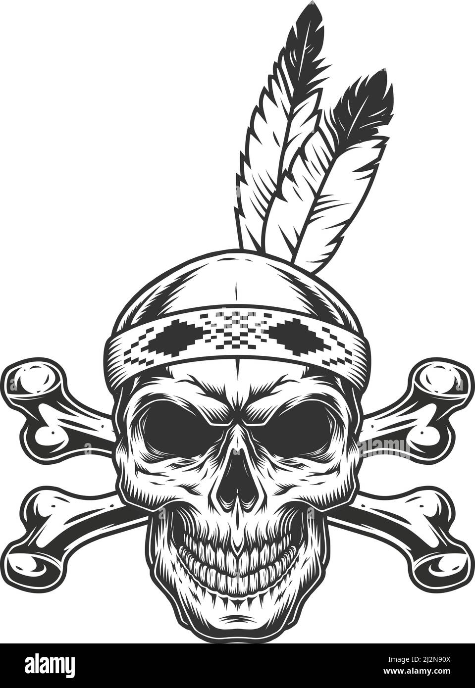 Crâne de guerrier amérindien avec plumes et crossos illustration vectorielle isolée de style monochrome vintage Illustration de Vecteur