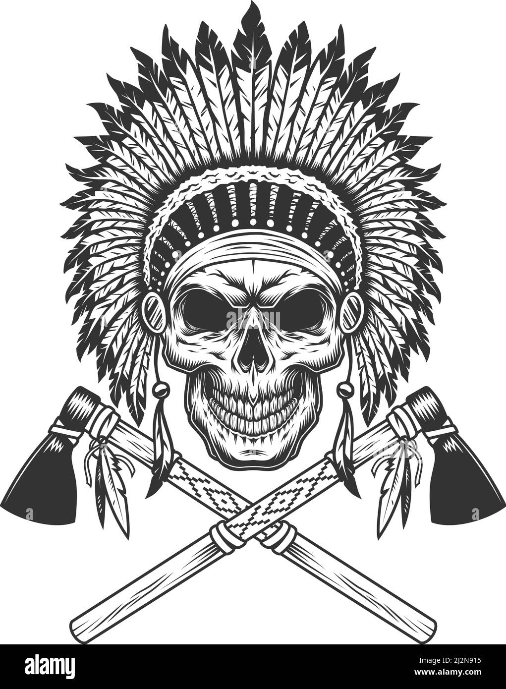 Crâne indien noir monochrome vintage avec plumes et couvre-tête croisé illustration vectorielle isolée de tomahawks Illustration de Vecteur