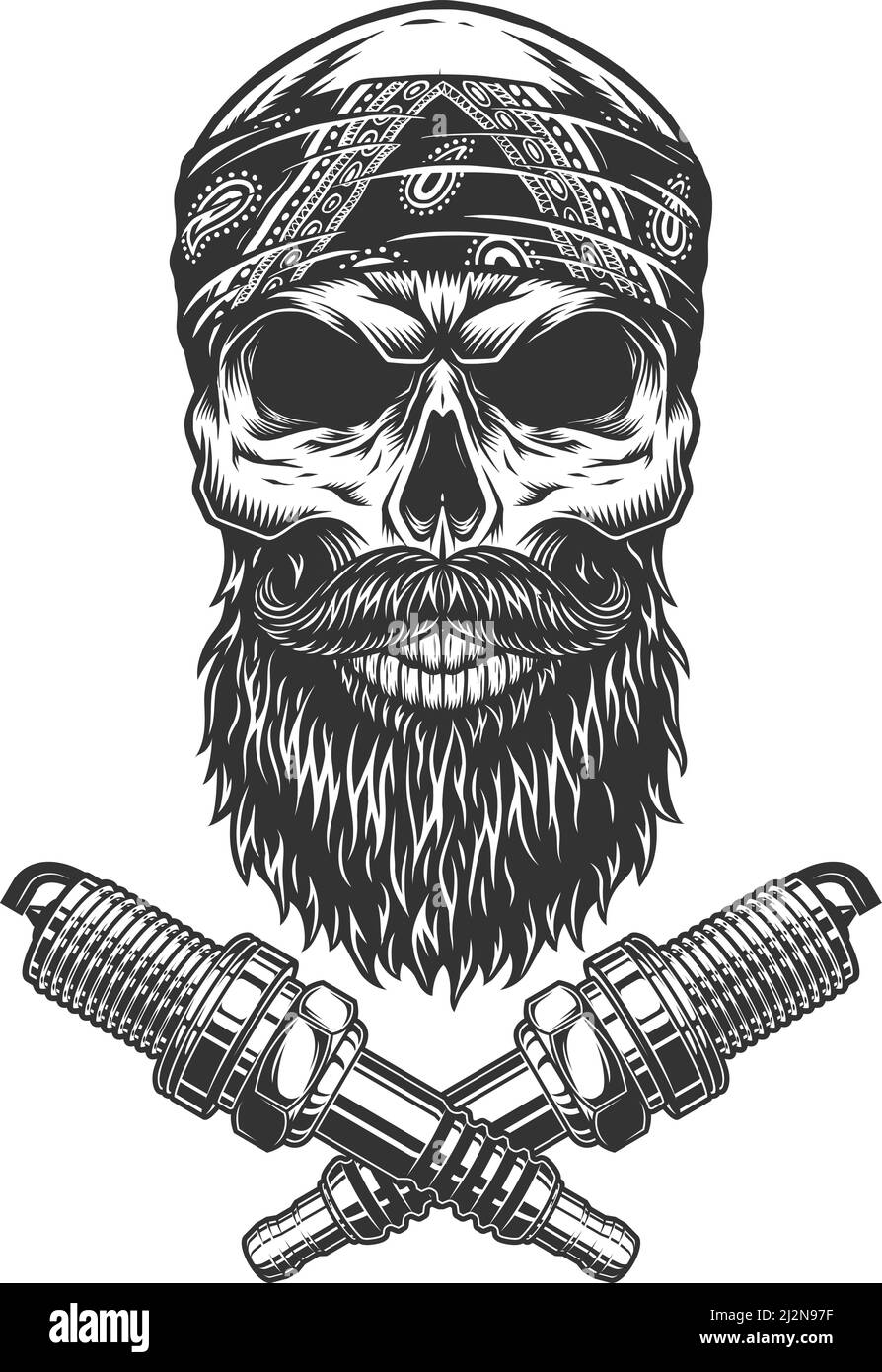 Crâne de motard vintage barbu et moustaché avec bougies croisées illustration vectorielle isolée Illustration de Vecteur