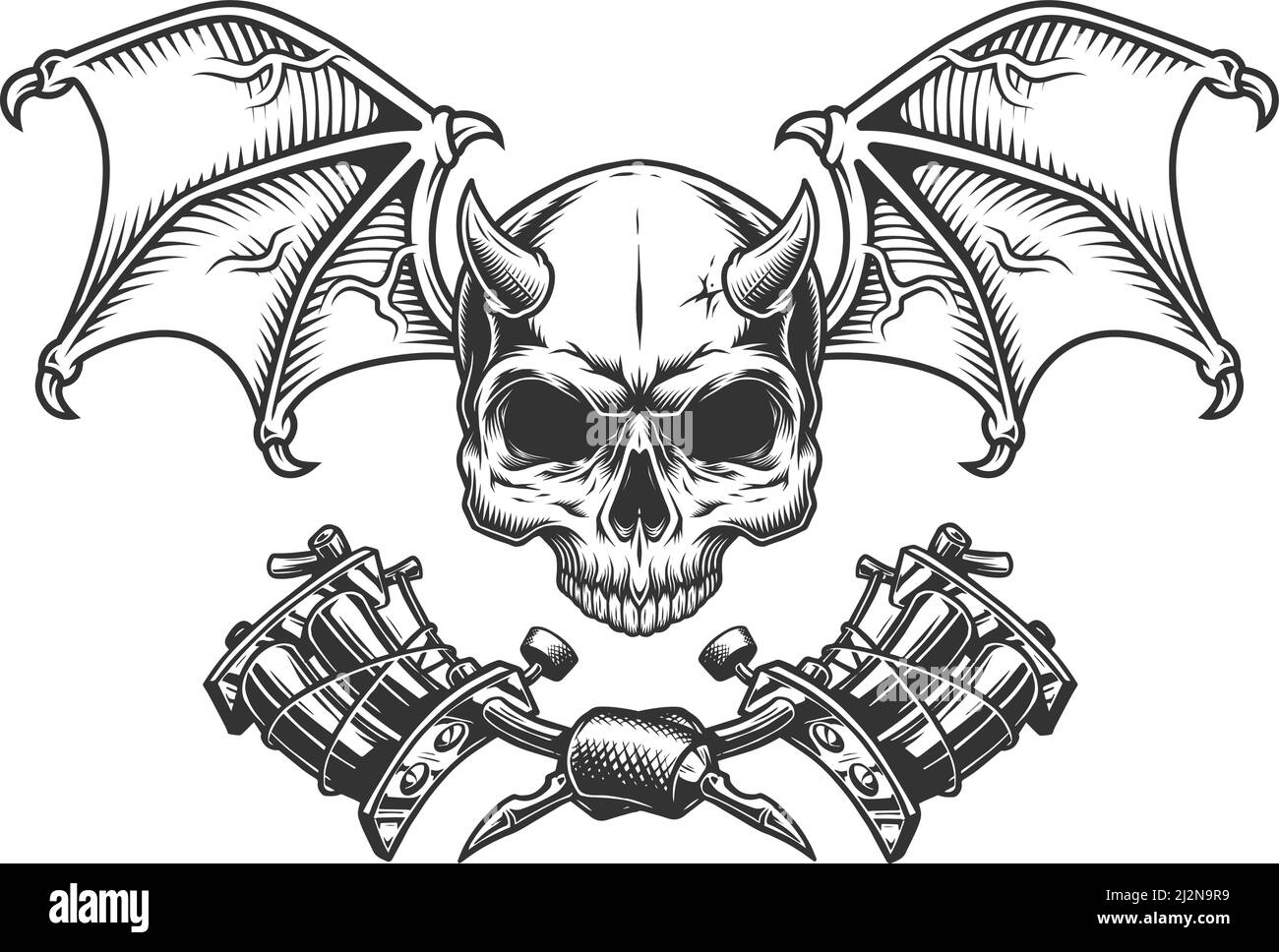 Crâne démon monochrome vintage avec ailes et machines de tatouage croisées illustration vectorielle isolée Illustration de Vecteur