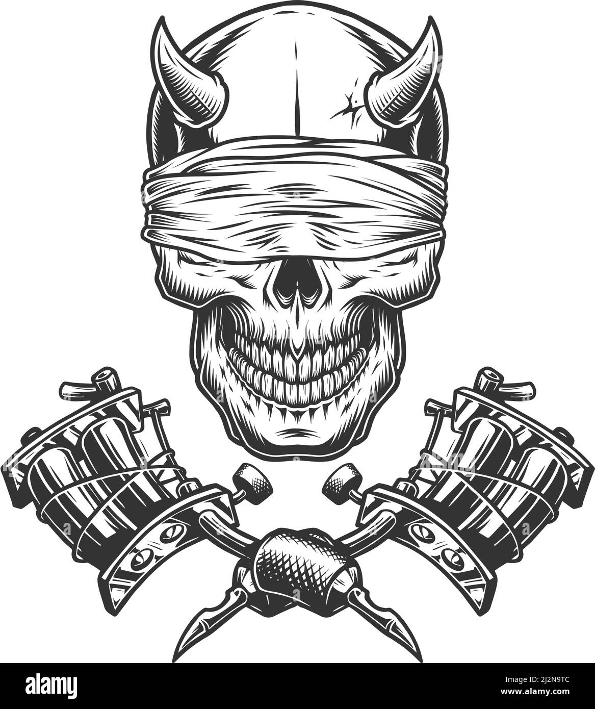 Crâne démon monochrome vintage avec machines à bander et à tatouage croisé illustration vectorielle isolée Illustration de Vecteur