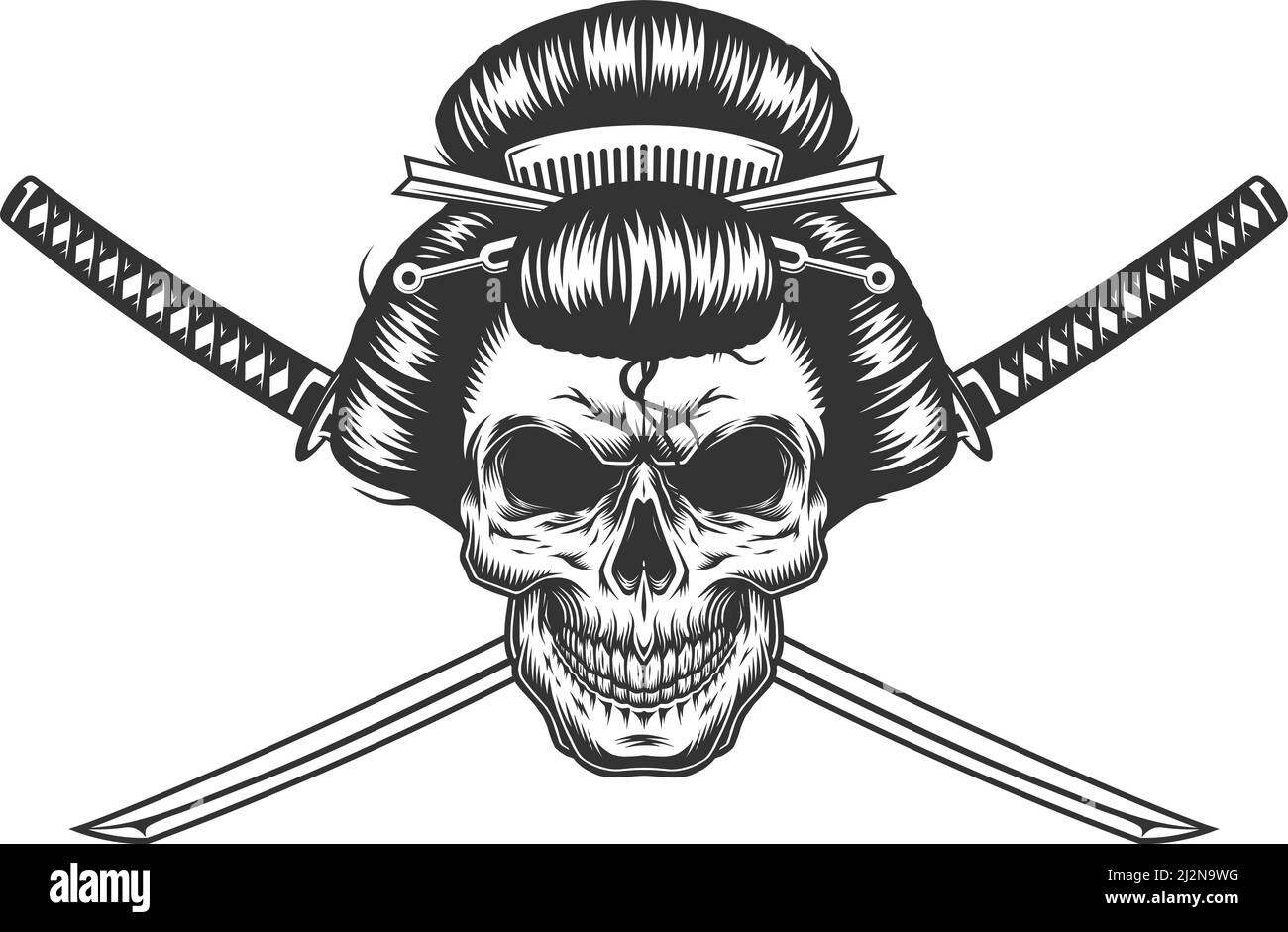 Crâne de geisha monochrome vintage avec épées croisées illustration vectorielle isolée Illustration de Vecteur