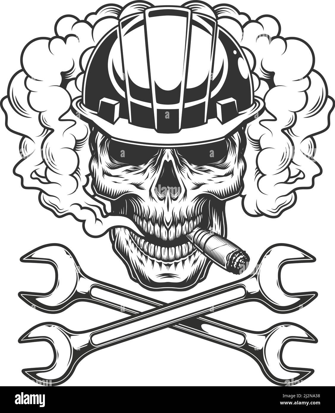 Builder crâne fumant cigare dans nuage de fumée avec clés croisées illustration vectorielle isolée de style monochrome vintage Illustration de Vecteur