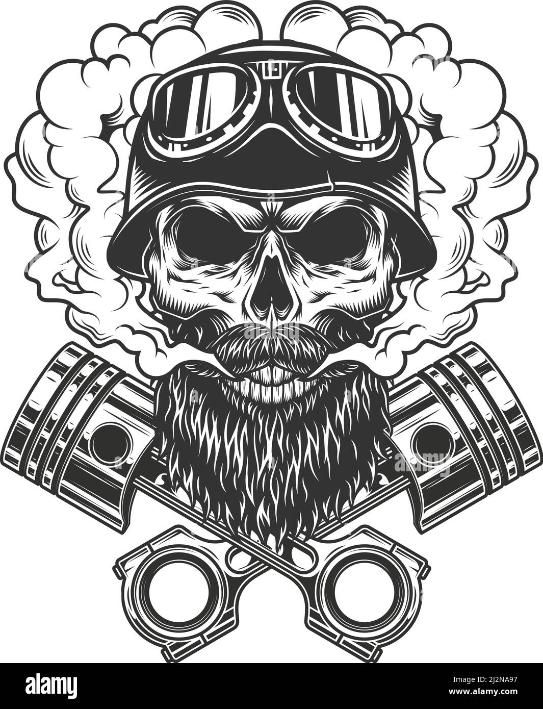 Crâne de motard barbu et moustaché dans un nuage de fumée avec croisé pistons de moteur en illustration vectorielle isolée de style monochrome vintage Illustration de Vecteur