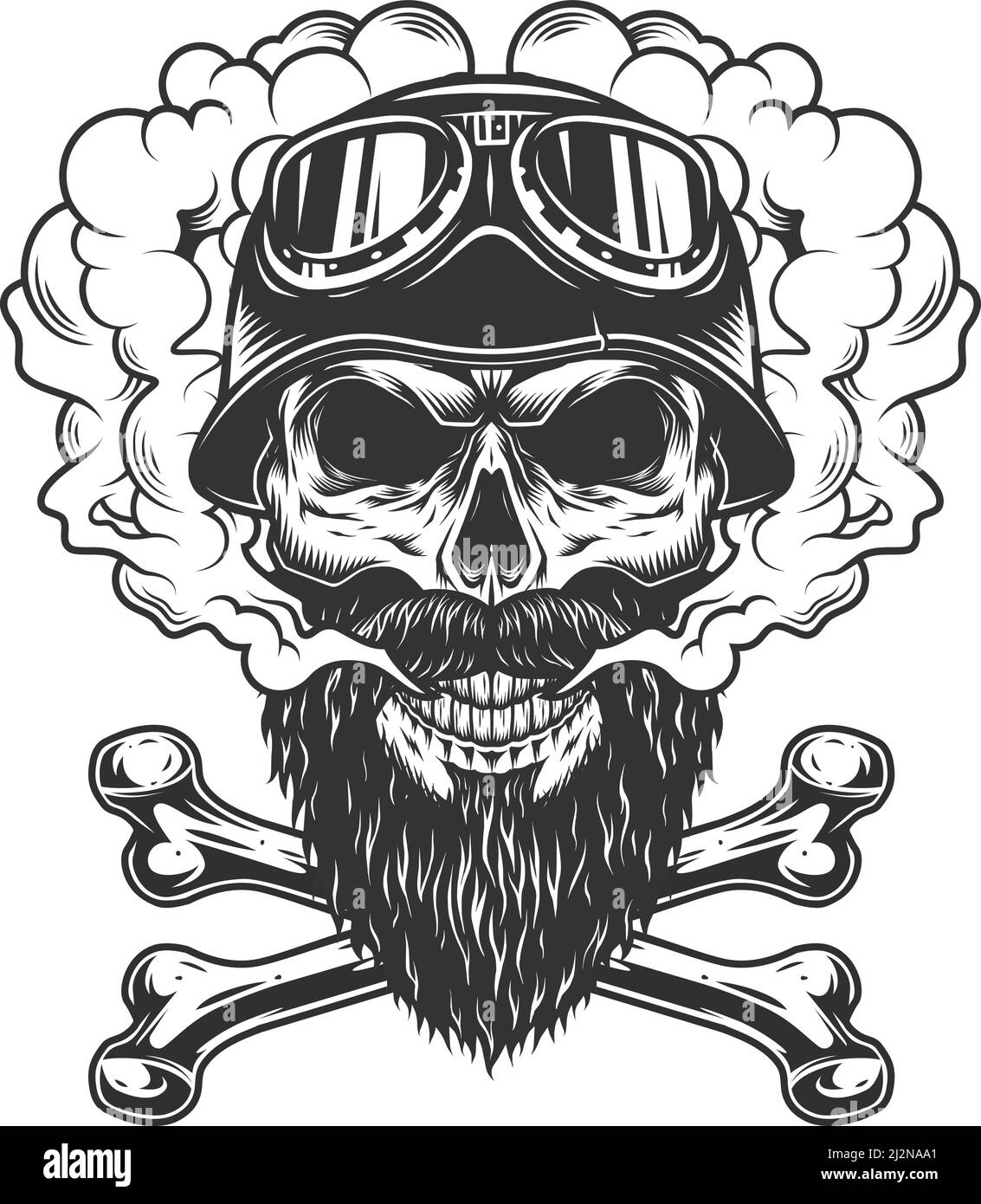 Crâne de motard barbu et moustaché dans un nuage de fumée avec des crossos illustration vectorielle isolée de style monochrome vintage Illustration de Vecteur