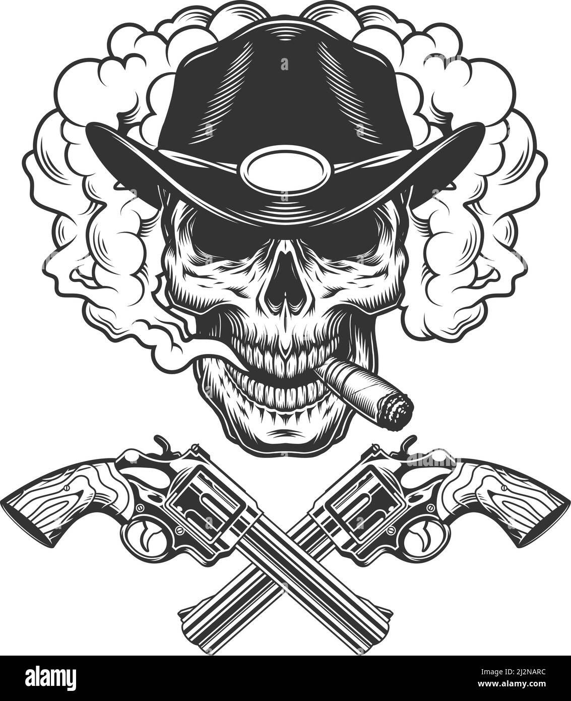 Crâne fumant cigare dans chapeau de shérif avec armes croisées dedans illustration vectorielle isolée de style monochrome vintage Illustration de Vecteur