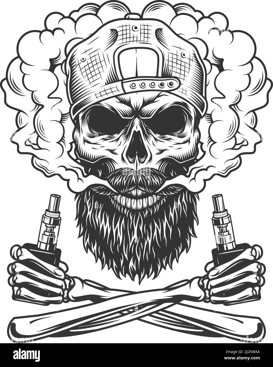 Crâne d'hippopotame barbu et moustiché portant une casquette dans un nuage de fumée et mains à squelette croisé tenant les vaporisateurs dans le style vintage isolé illustrateur vectoriel Illustration de Vecteur