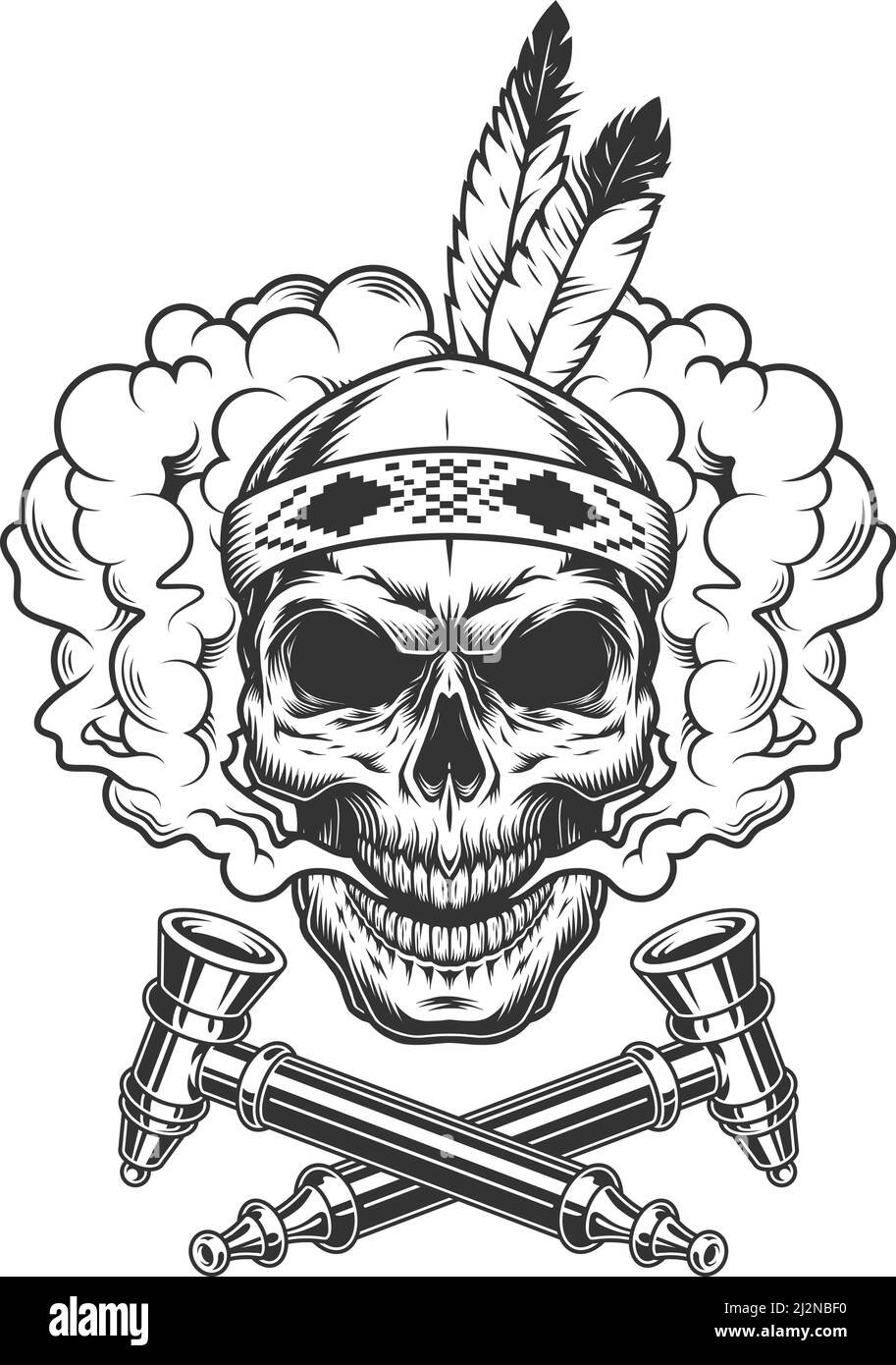 Crâne de guerrier indien natif avec plumes dans nuage de fumée avec tubes à fumée croisés dans un style monochrome vintage, illustration vectorielle isolée Illustration de Vecteur