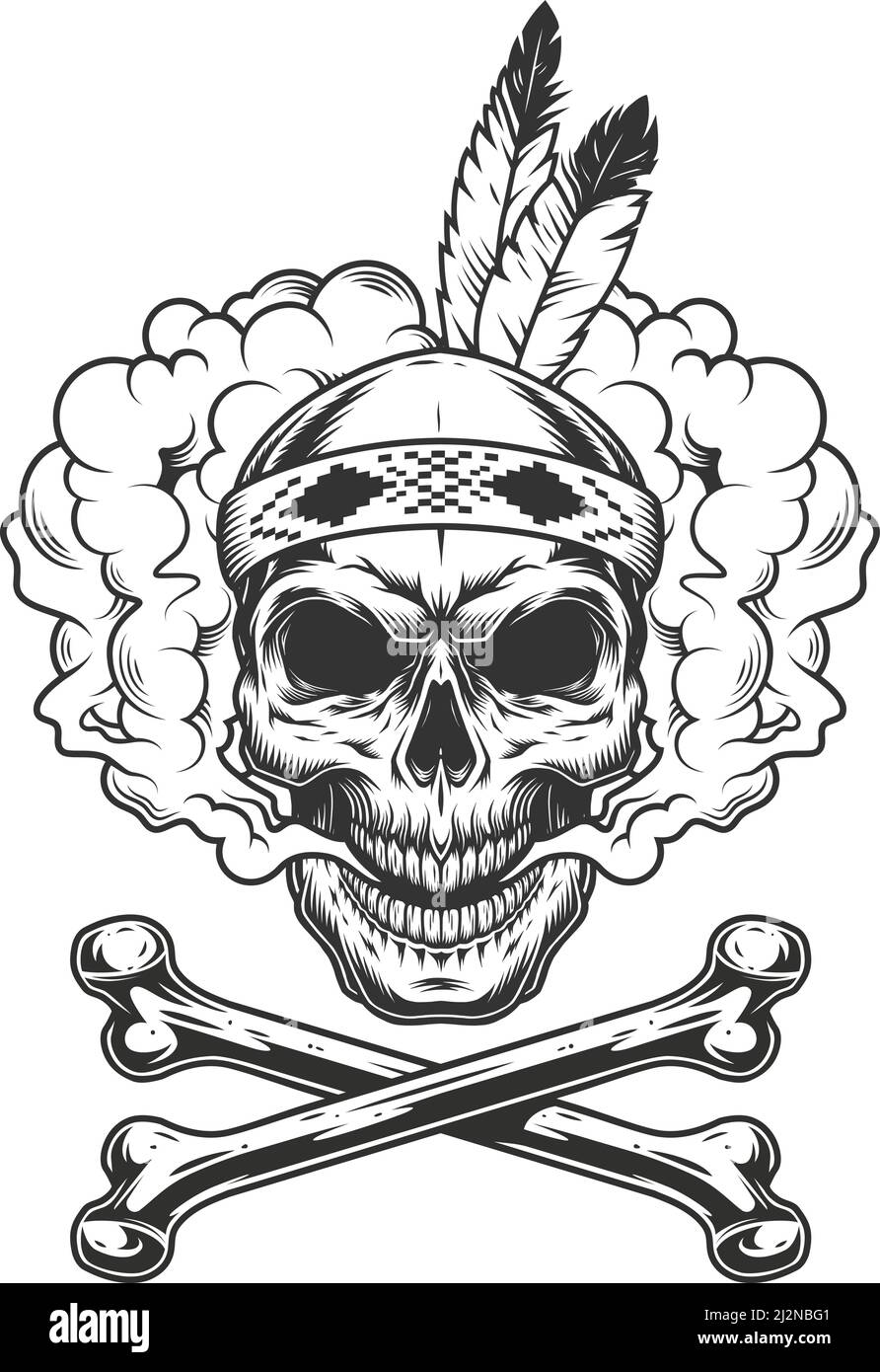 Crâne guerrier indien monochrome vintage avec plumes dans un nuage de fumée et l'illustration vectorielle isolée des crossbone Illustration de Vecteur