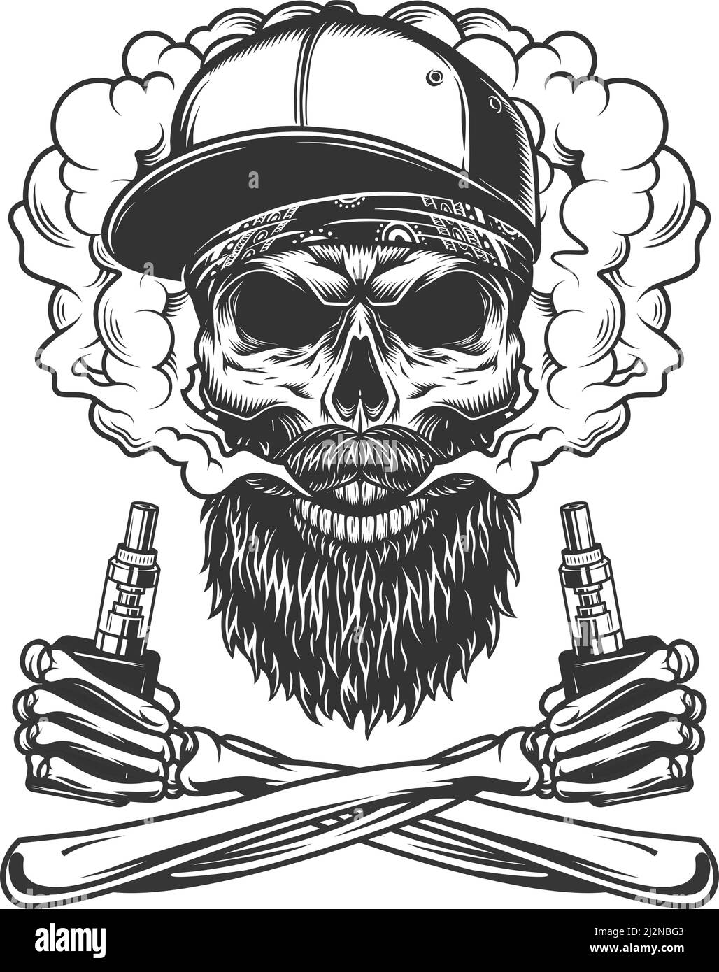 Crâne d'hippopotame barbu et moustaché portant une casquette de baseball en fumée nuage avec mains à squelette croisé tenant les vaporisateurs dans le style vintage vecto isolé Illustration de Vecteur