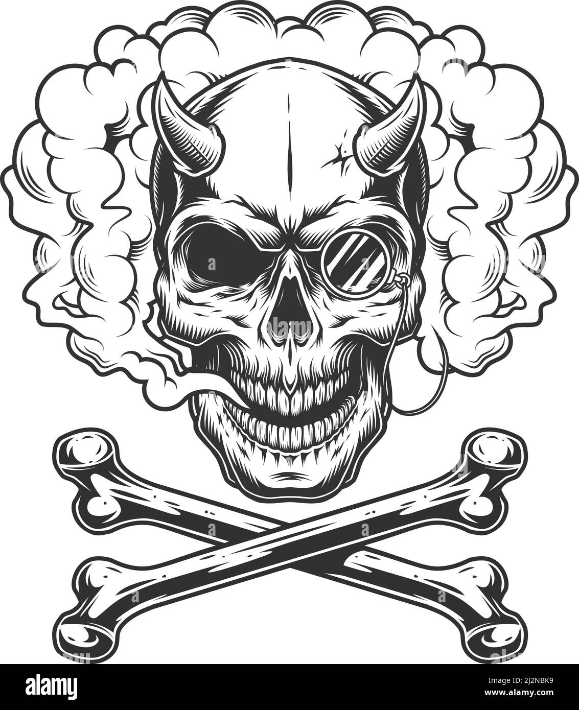 Crâne démon monochrome vintage avec pince-nez dans nuage de fumée et illustration vectorielle isolée crossbone Illustration de Vecteur