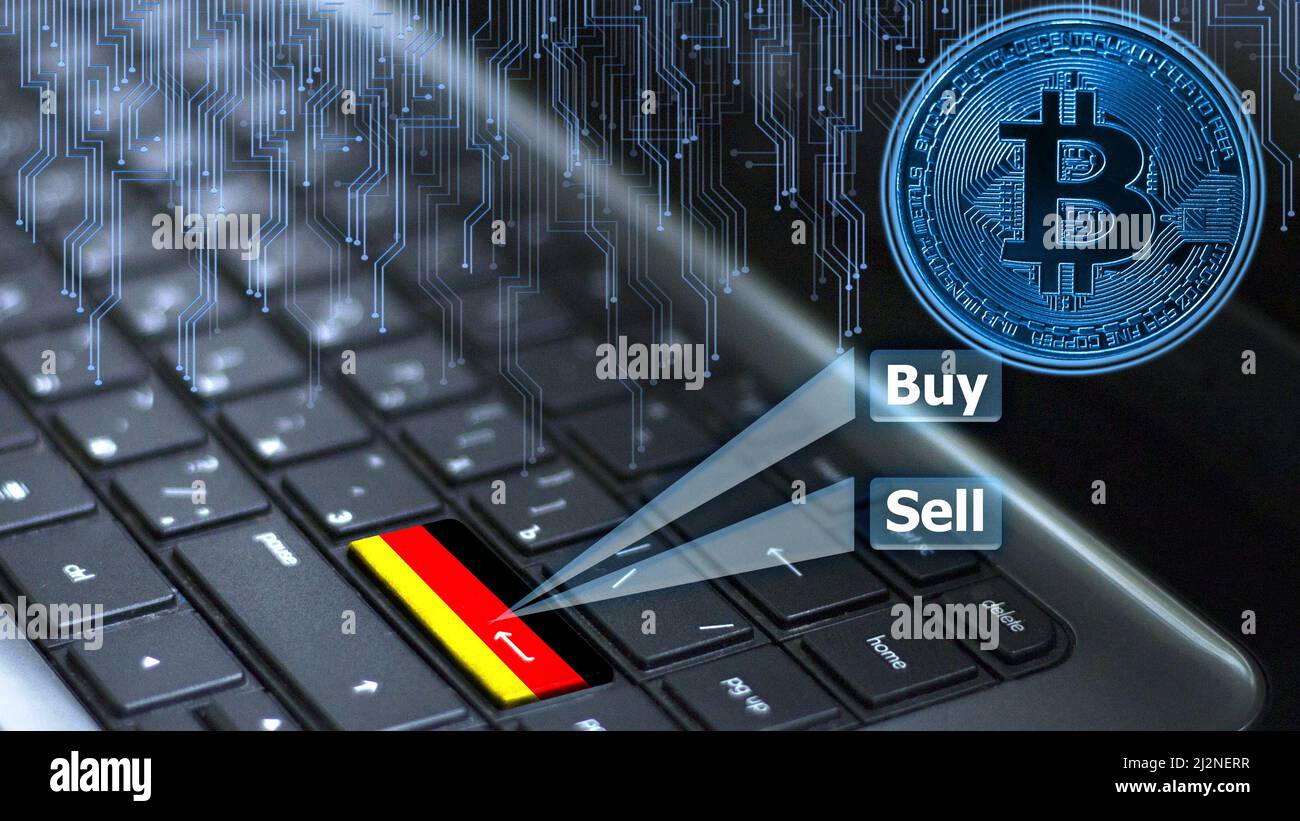 Clavier avec drapeau allemand sur le bouton ENTER avec hologramme bitcoin et concept d'achat et de vente en ligne. Banque D'Images