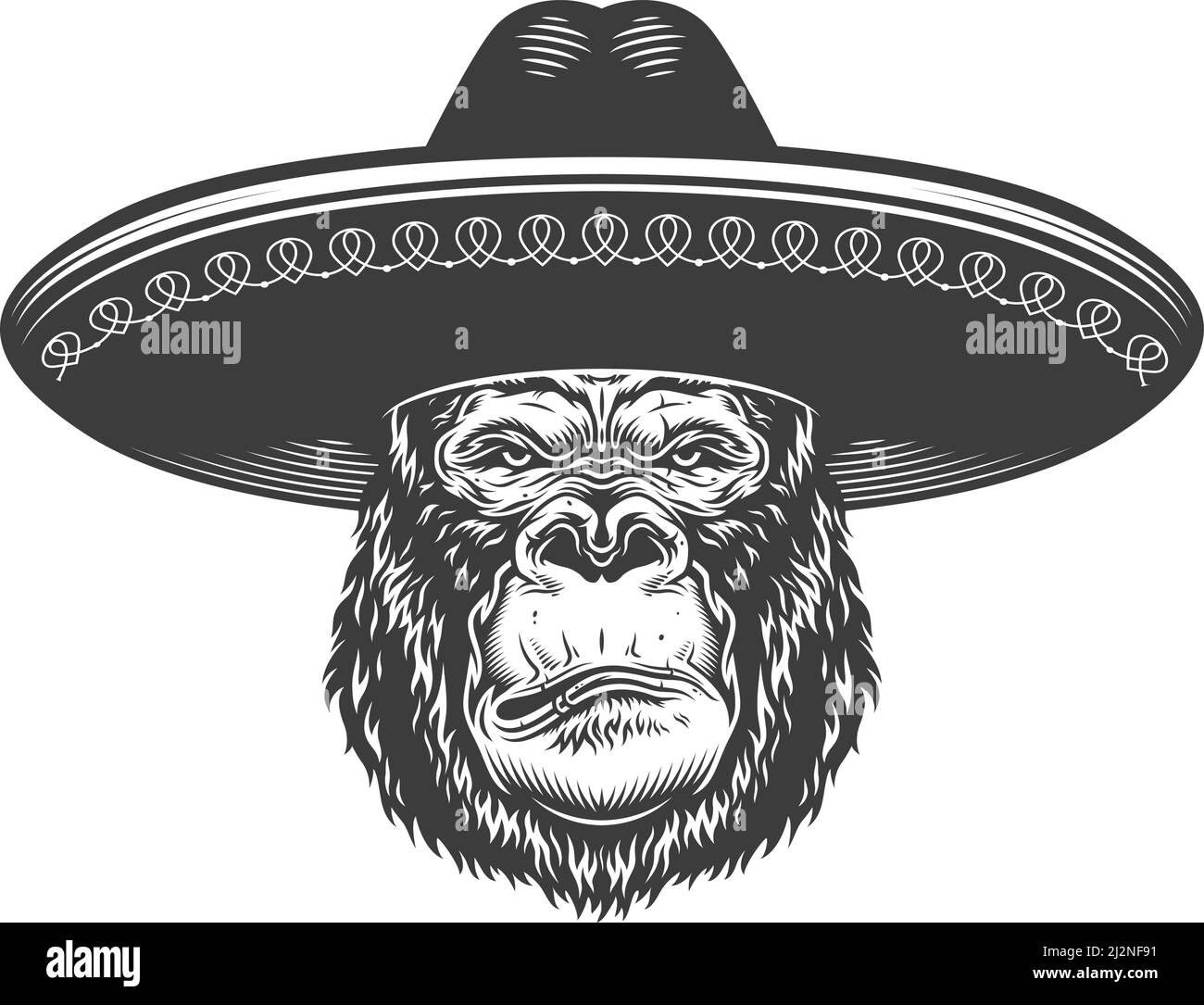 Gorille sérieuse dans le style monochrome dans le sombrero. Illustration vectorielle vintage Illustration de Vecteur