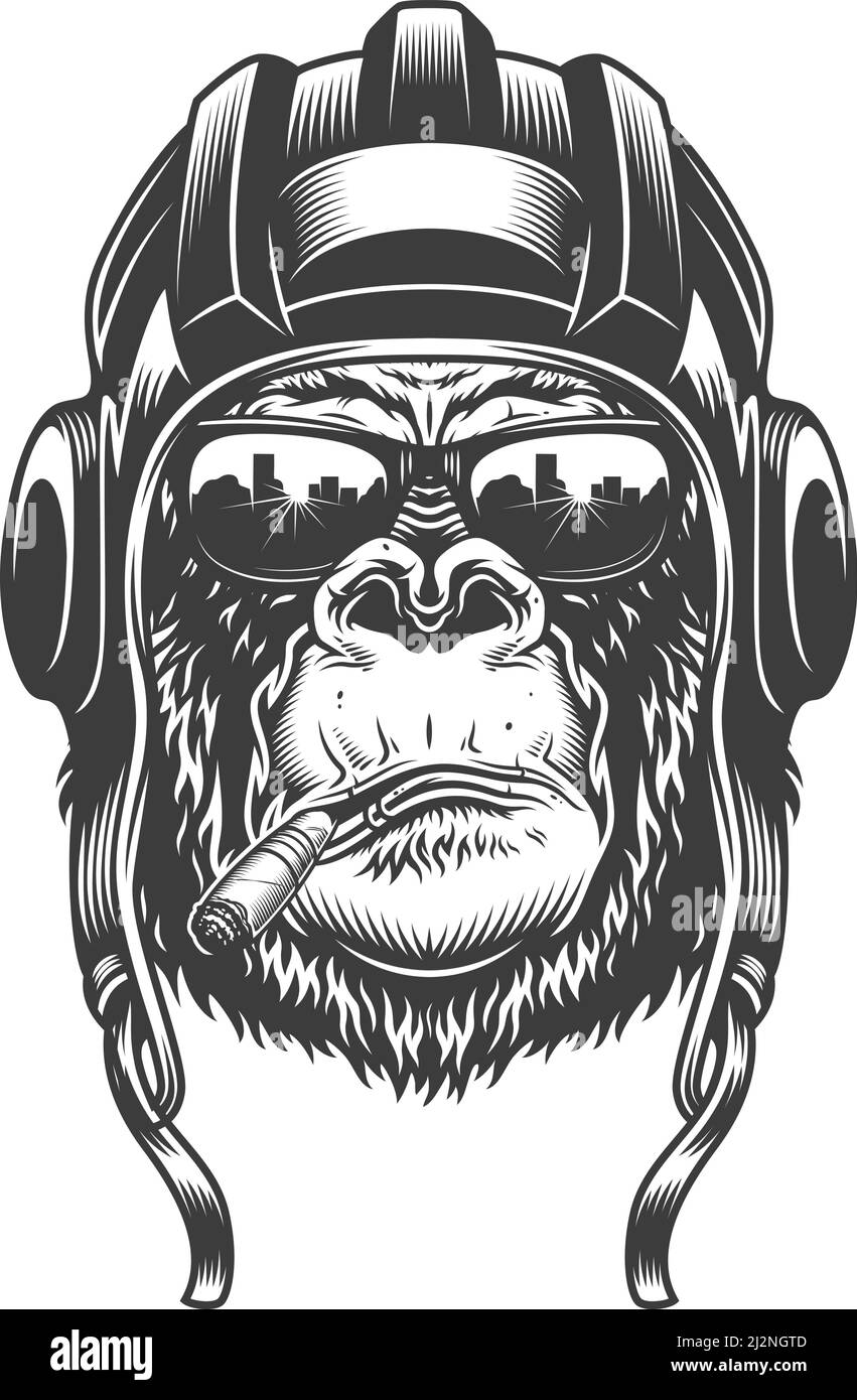 Tête Gorilla de style monochrome avec casque et lunettes. Illustration vectorielle Illustration de Vecteur