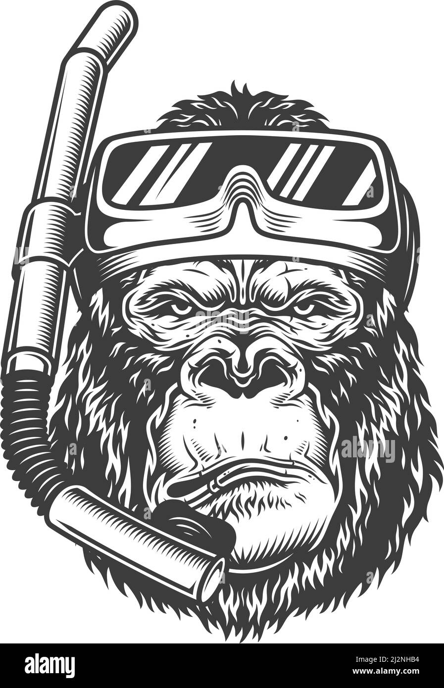 Plongeur gorille arrogant vintage avec masque de plongée et tuba illustration vectorielle isolée de style monochrome Illustration de Vecteur
