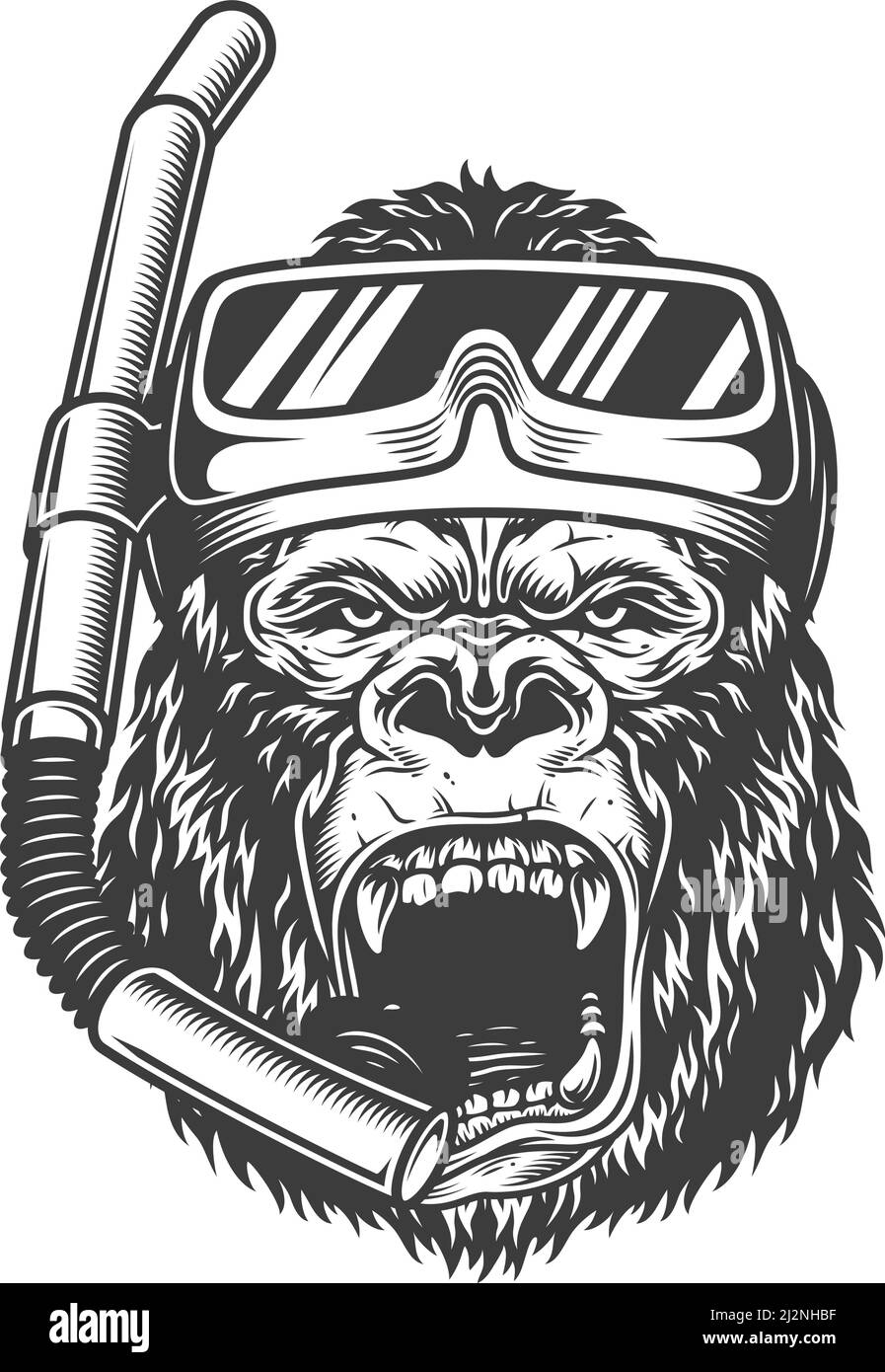Gorille en colère monochrome vintage avec masque de plongée et tuba isolés illustration vectorielle Illustration de Vecteur