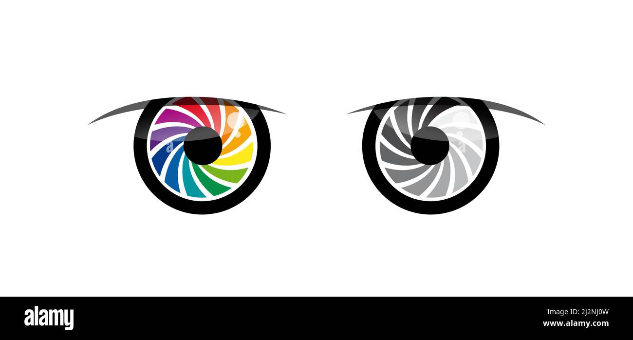 Deux yeux photographiques, ouverture d'une couleur et lentille noir et blanc. La vue d'un photographe. Motif vectoriel Illustration de Vecteur