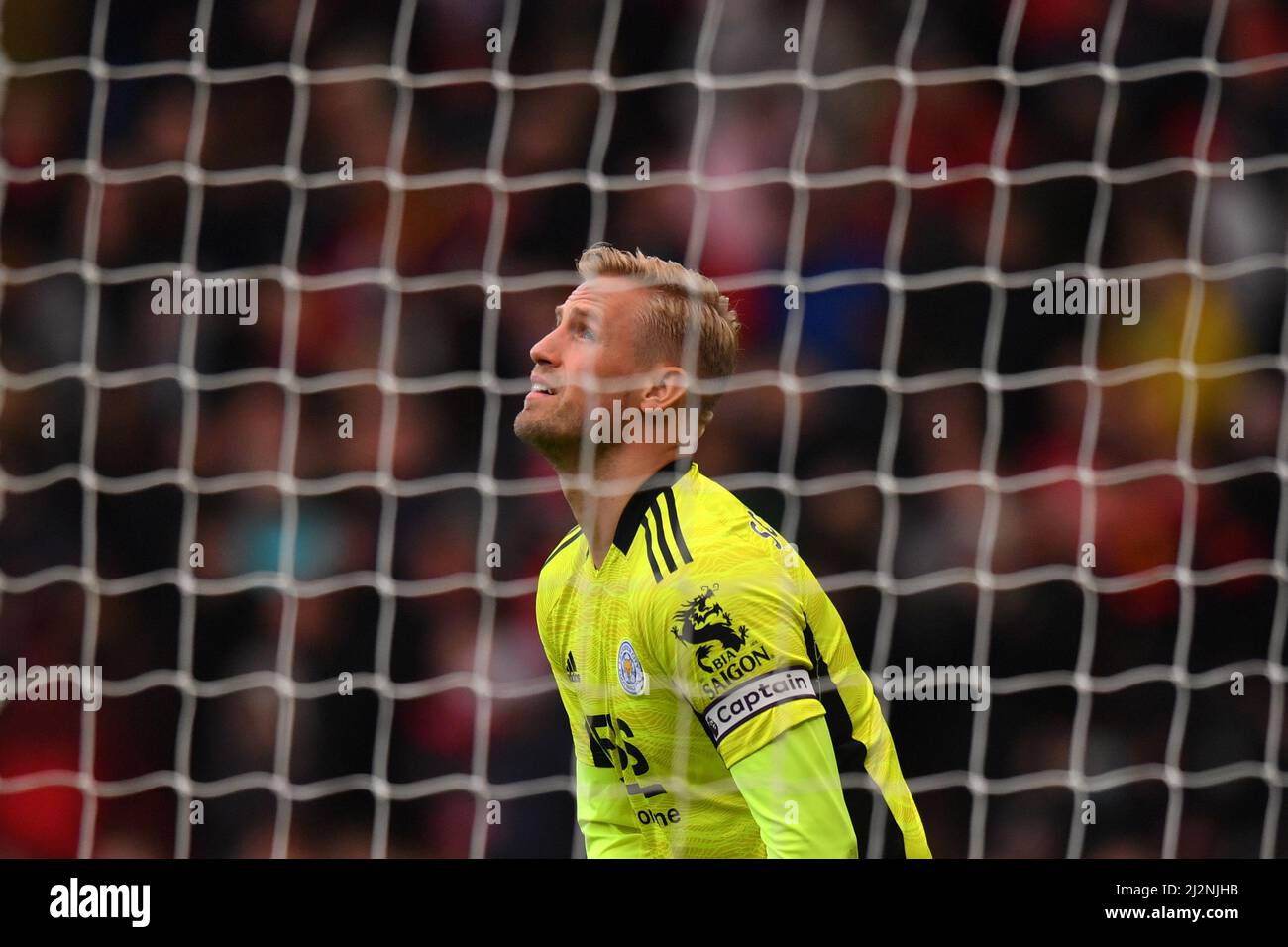 Kasper Schmeichel, gardien de but de Leicester City, lors du match de la Premier League à Old Trafford, Greater Manchester, Royaume-Uni. Date de la photo: Samedi 2 avril 2022. Le crédit photo devrait se lire: Anthony Devlin Banque D'Images