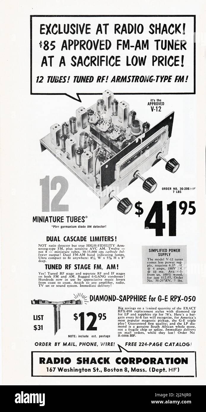D'un magazine de musique, audiophile, hi fi 1954, une publicité pour un tuner radio Shack FM - AM avec 12 tubes miniatures. Banque D'Images