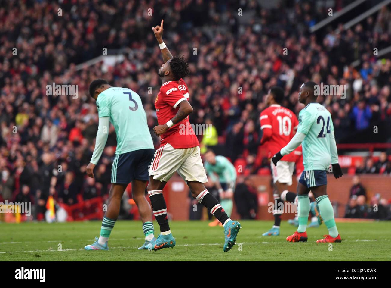 Fred de Manchester United célèbre le premier but de sa partie lors du match de la Premier League à Old Trafford, Greater Manchester, Royaume-Uni. Date de la photo: Samedi 2 avril 2022. Le crédit photo devrait se lire: Anthony Devlin Banque D'Images