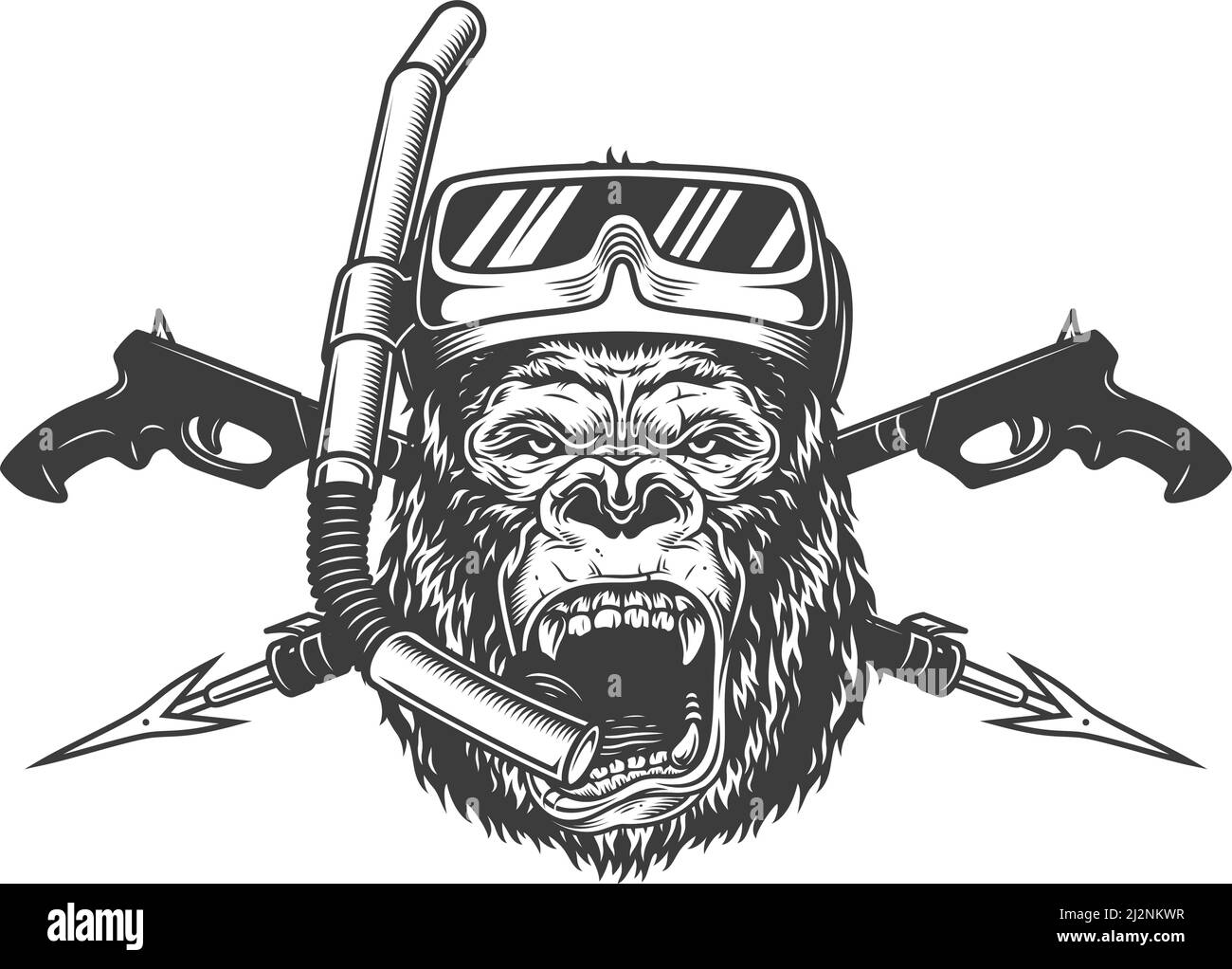 Tête de plongée en apnée vintage monochrome Angry gorilla avec masque de plongée et des canons sous-marins croisés illustration vectorielle isolée Illustration de Vecteur