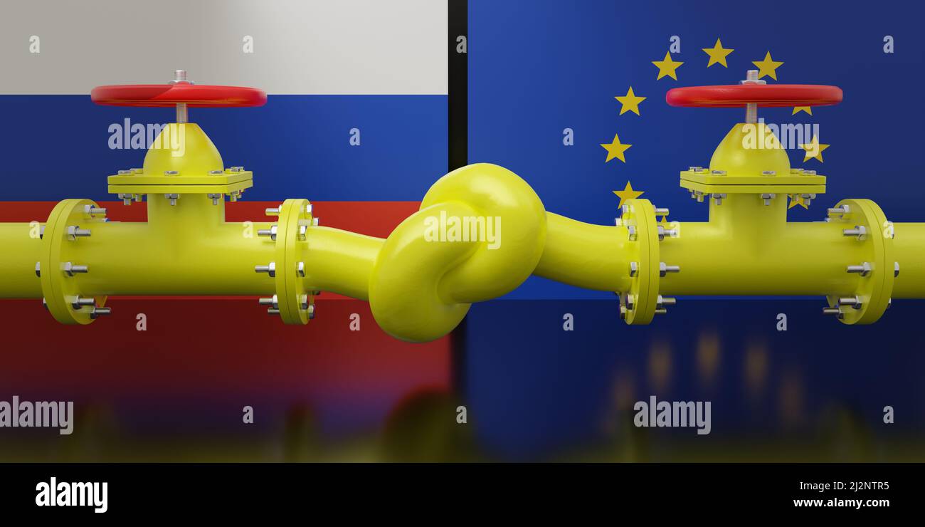 Conflit gazier entre la Russie et le concept de l'UE. Conduite de carburant avec un nœud sur fond de drapeau russe et européen. 3d rendu Banque D'Images