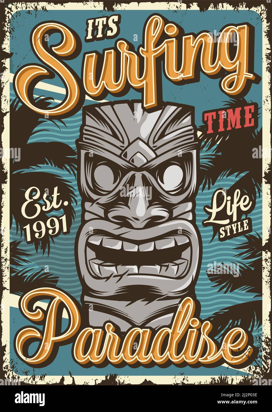 Affiche vintage surfing colorée avec vecteur tribal de masque tiki hawaïen illustration Illustration de Vecteur