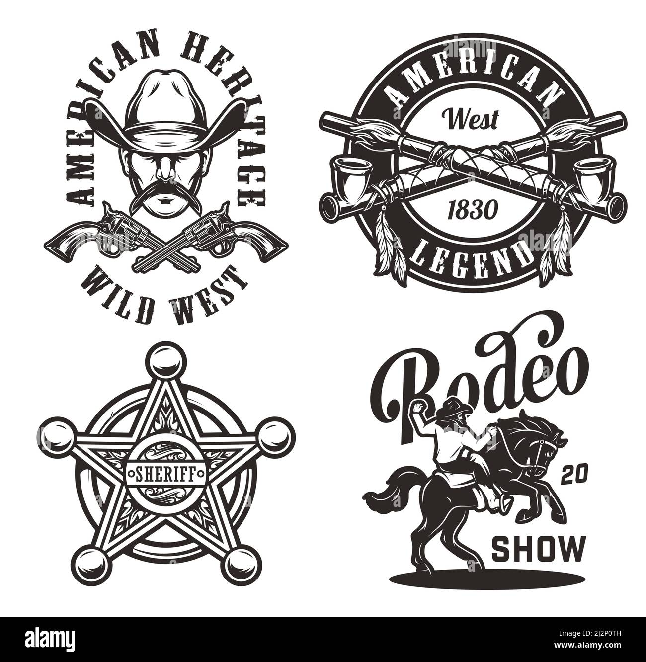 Étiquettes monochromes vintage Wild West avec pipes de fumée croisées shérif badge star cowboy tête rider et cheval isolé vecteur illustration Illustration de Vecteur